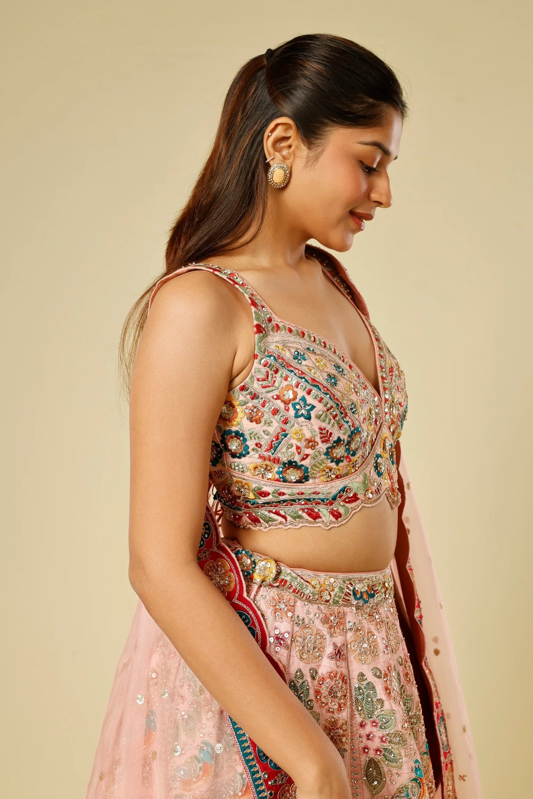 Blush Pink Silk Lehenga Set with Zari, Sequin & Stone Embroidery