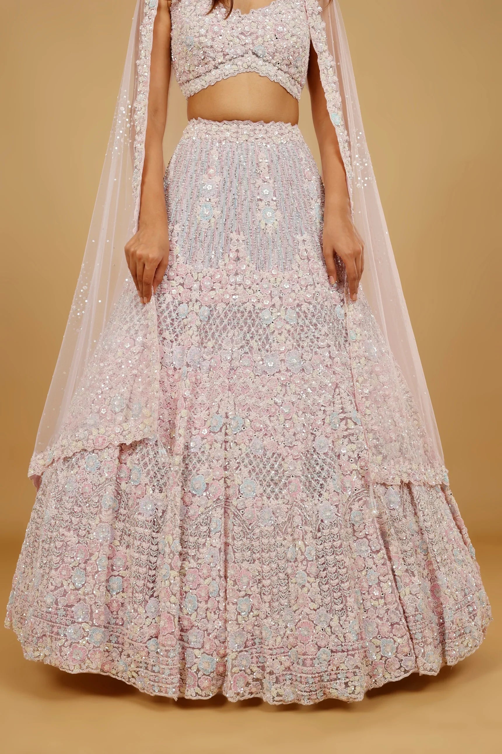Pink Net Lehenga Set with Multi-Colour Sequin, Pearl & Stone Embroidery