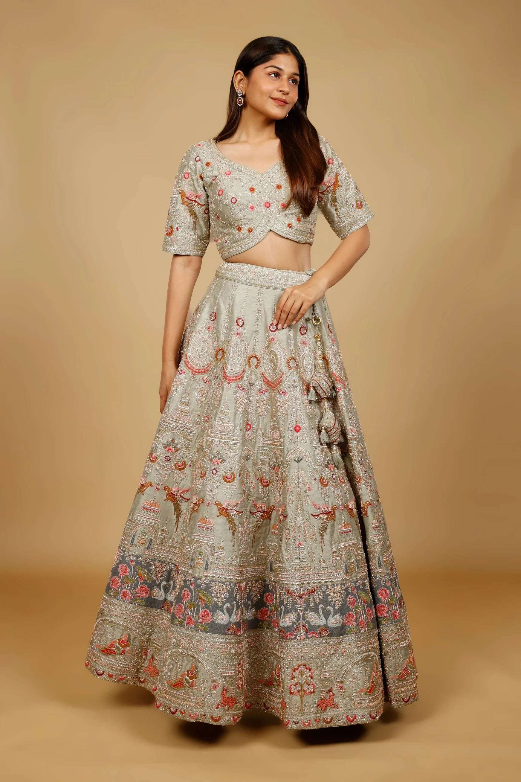 Sage Green Raw Silk Bridal Lehenga Set with Zardozi, Cutdana & Pearl Embroidery