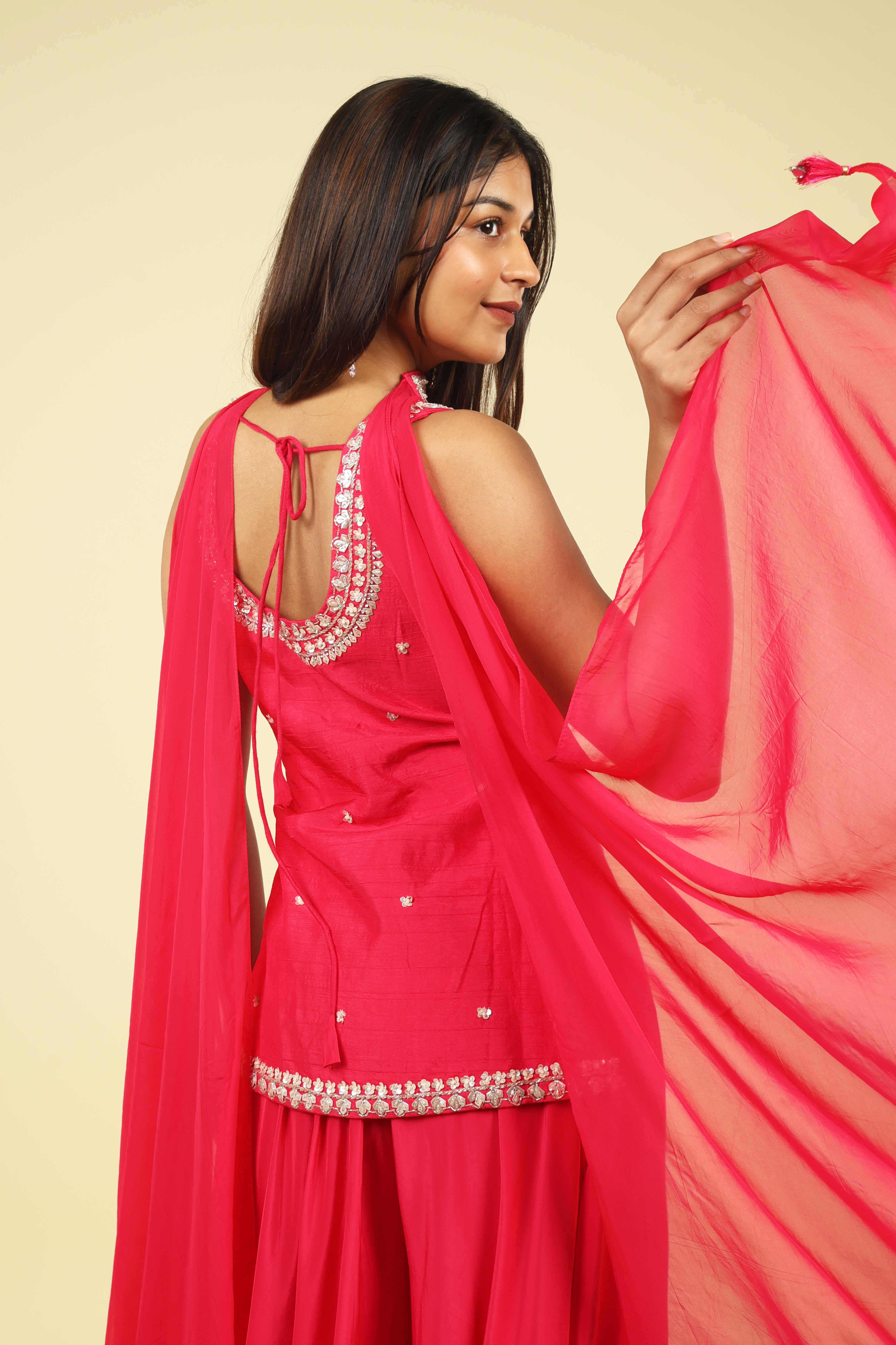 Pink Silk Palazzo Set with Embroidered Top & Organza Choker Dupatta