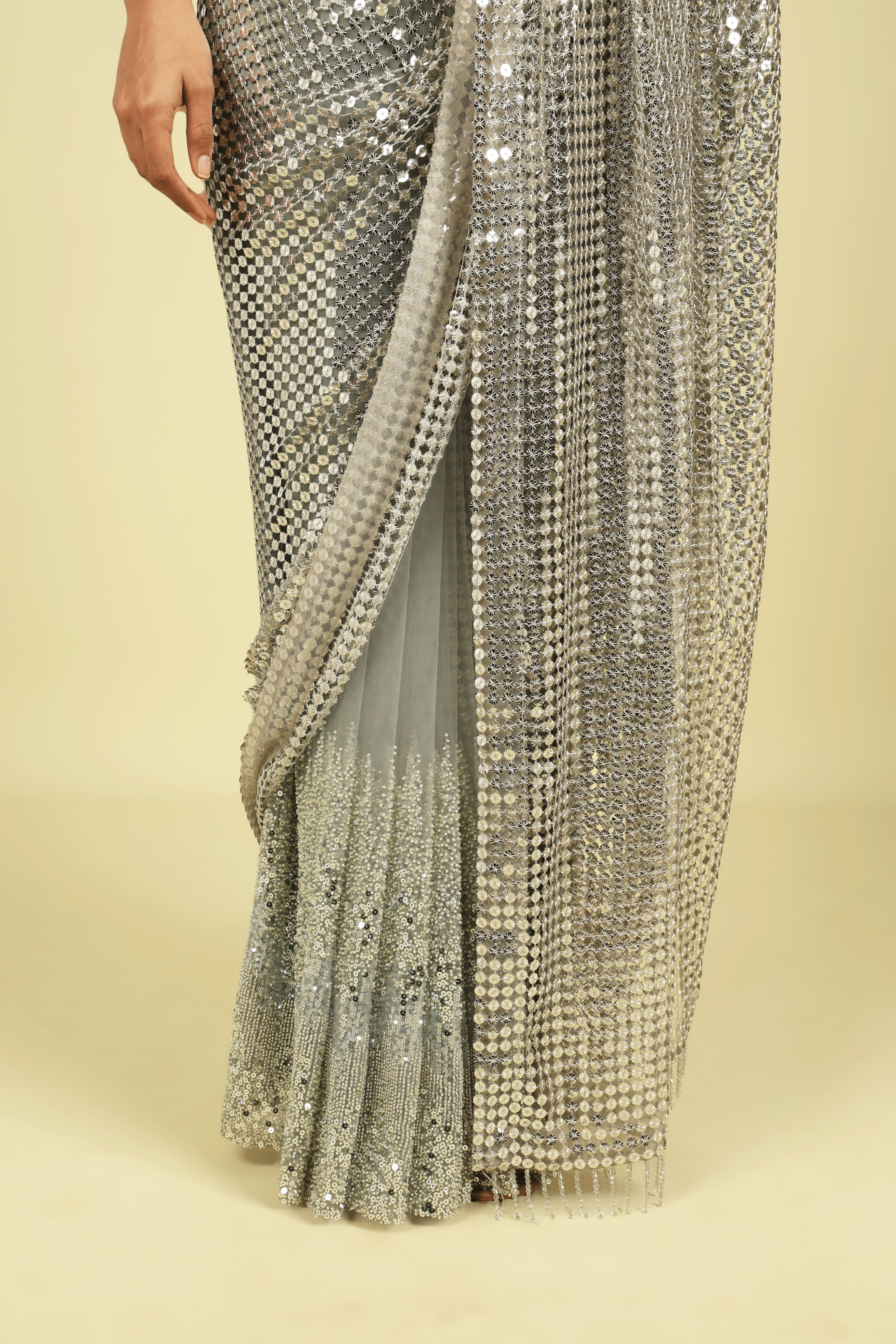 Grey Half-and-Half Metallic Mesh & Net Saree with Beads and Sequins