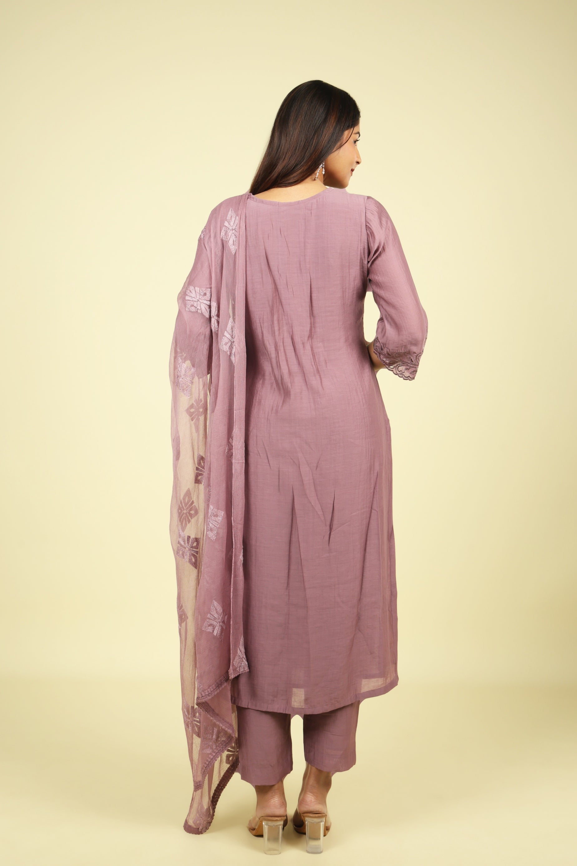 Dark Lavender Mul Chanderi Embroidered Straight Cut Salwar Suit