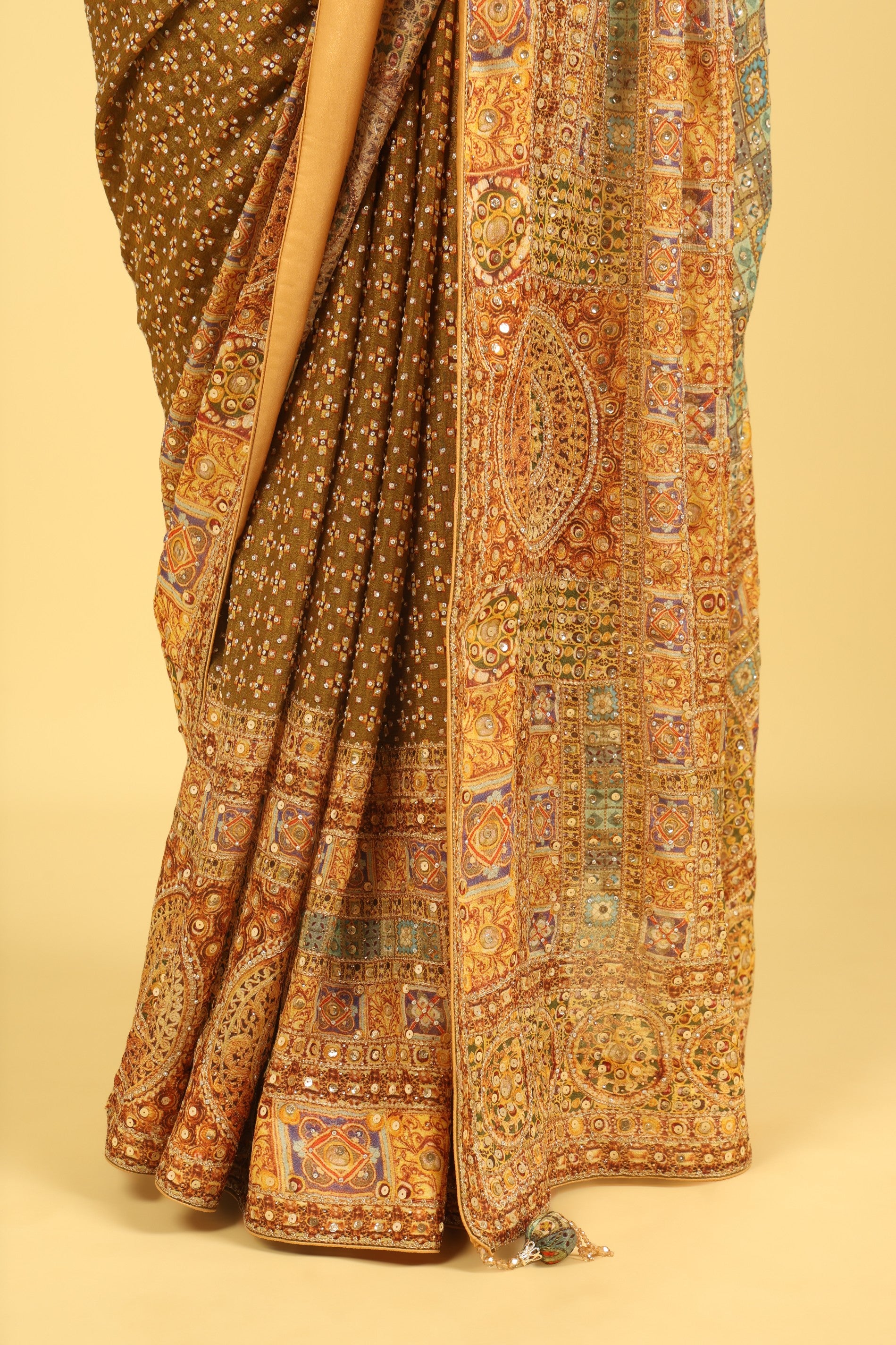Dusty Green Soft Georgette Saree with Multicolour Digital Print, Sequin & Mirror Highlights