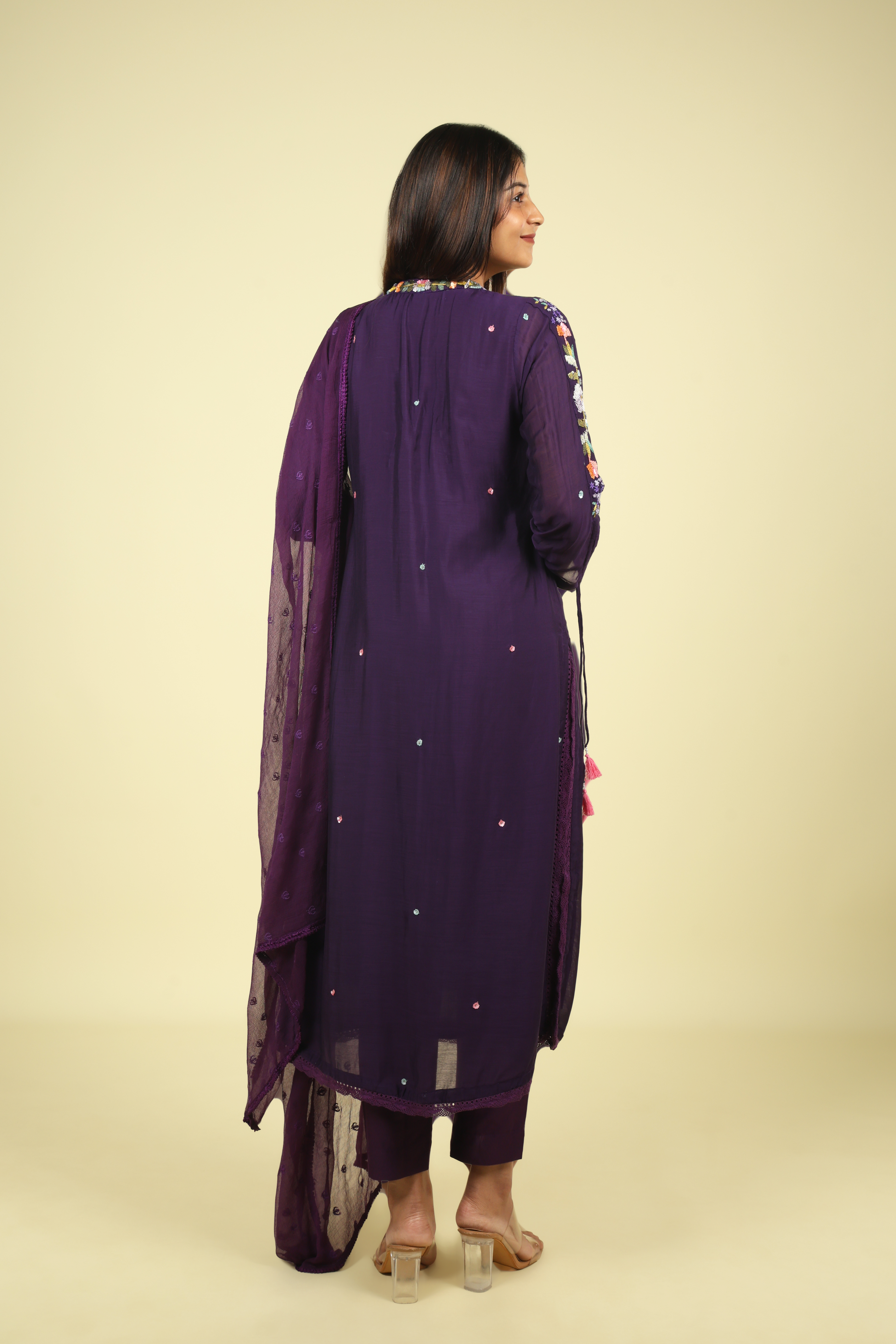 Purple Embroidered Mul Chanderi Salwar Set - Mokshaa