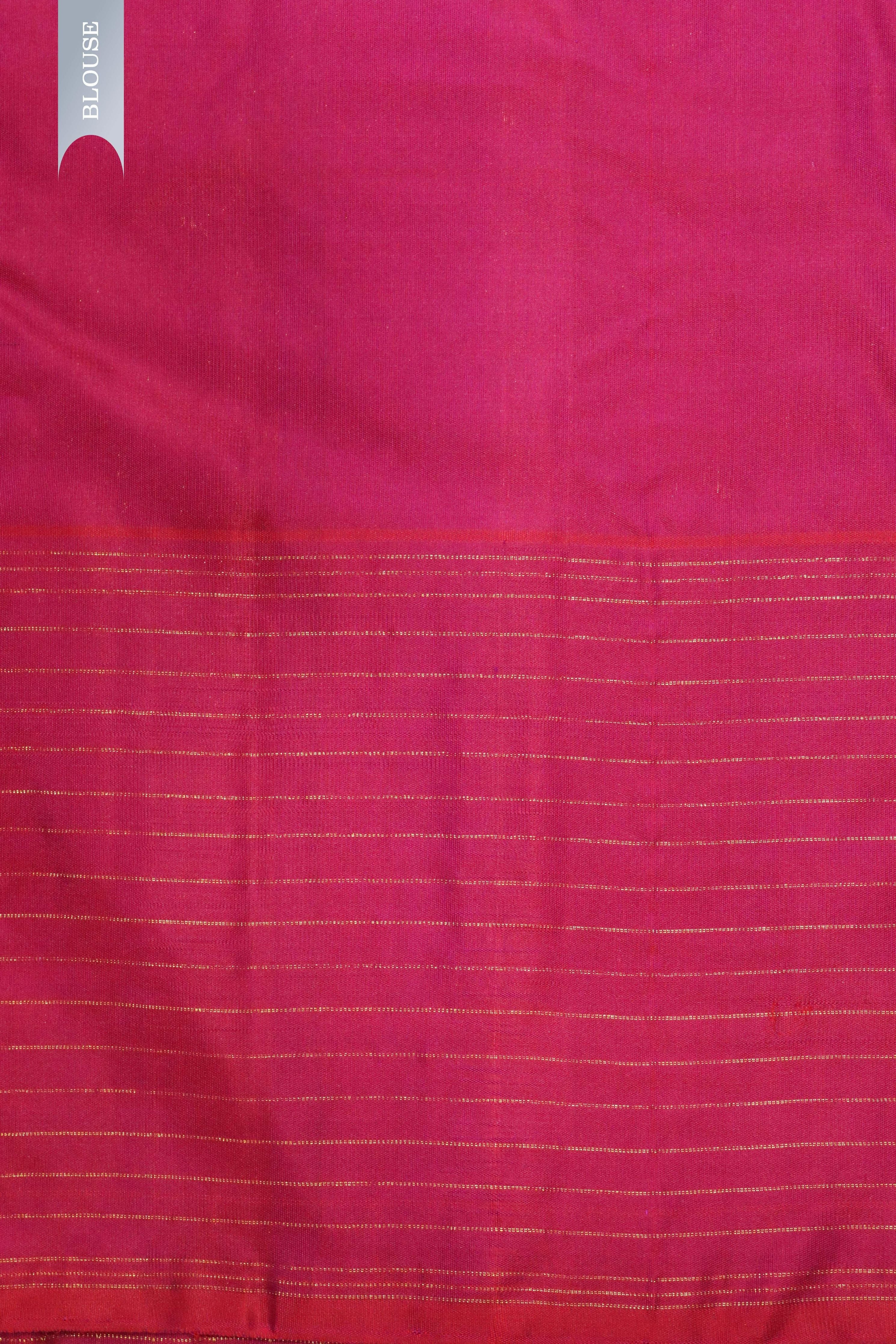 Green with Pink Kanchipuram Silk Saree with Zari Vertical Lines, Motifs & Contrast Zari Checks Border - Mokshaa