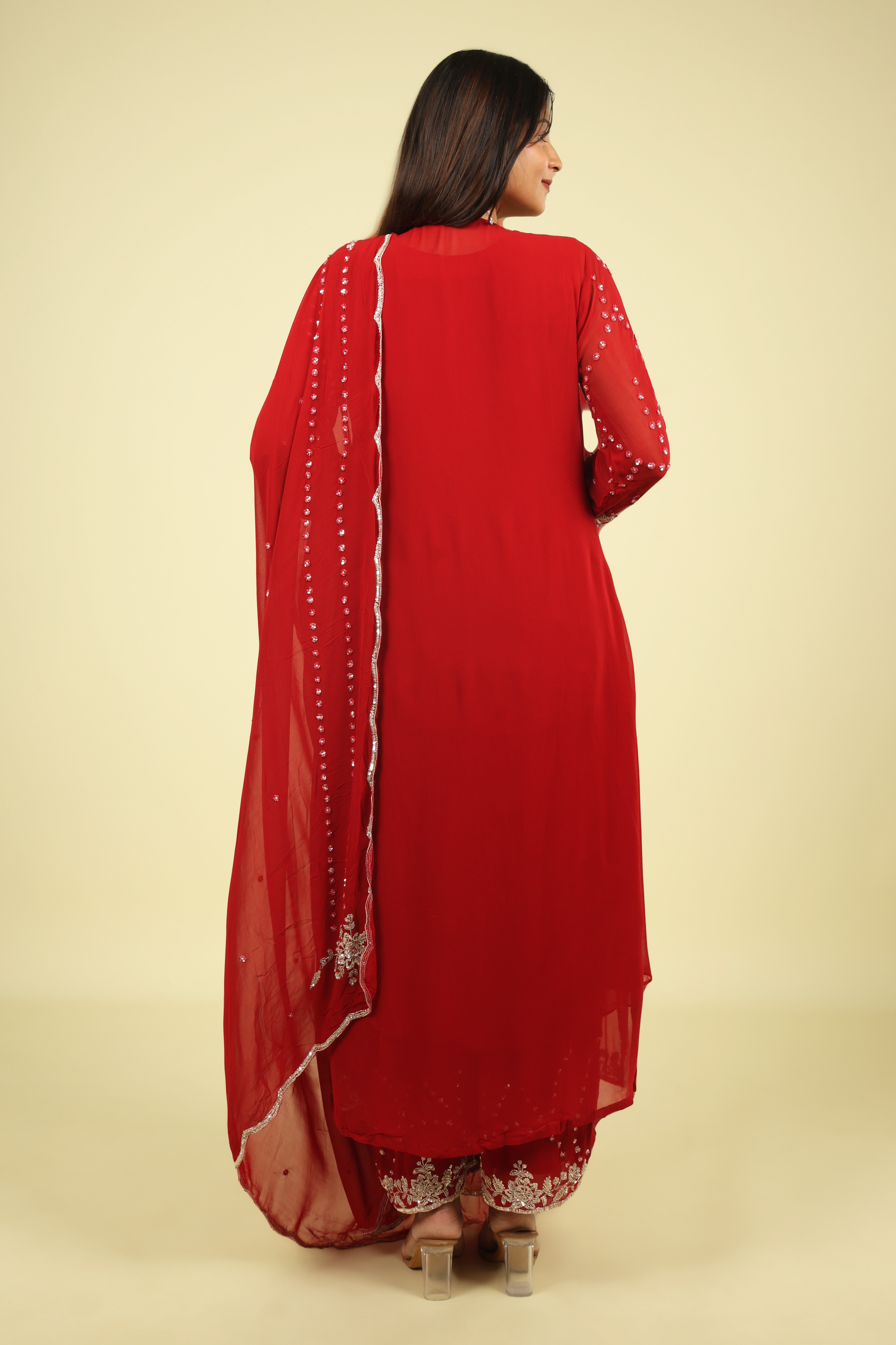 Red Georgette Anarkali Cape Set with Sequin, Cutdana & Pearl Embroidery