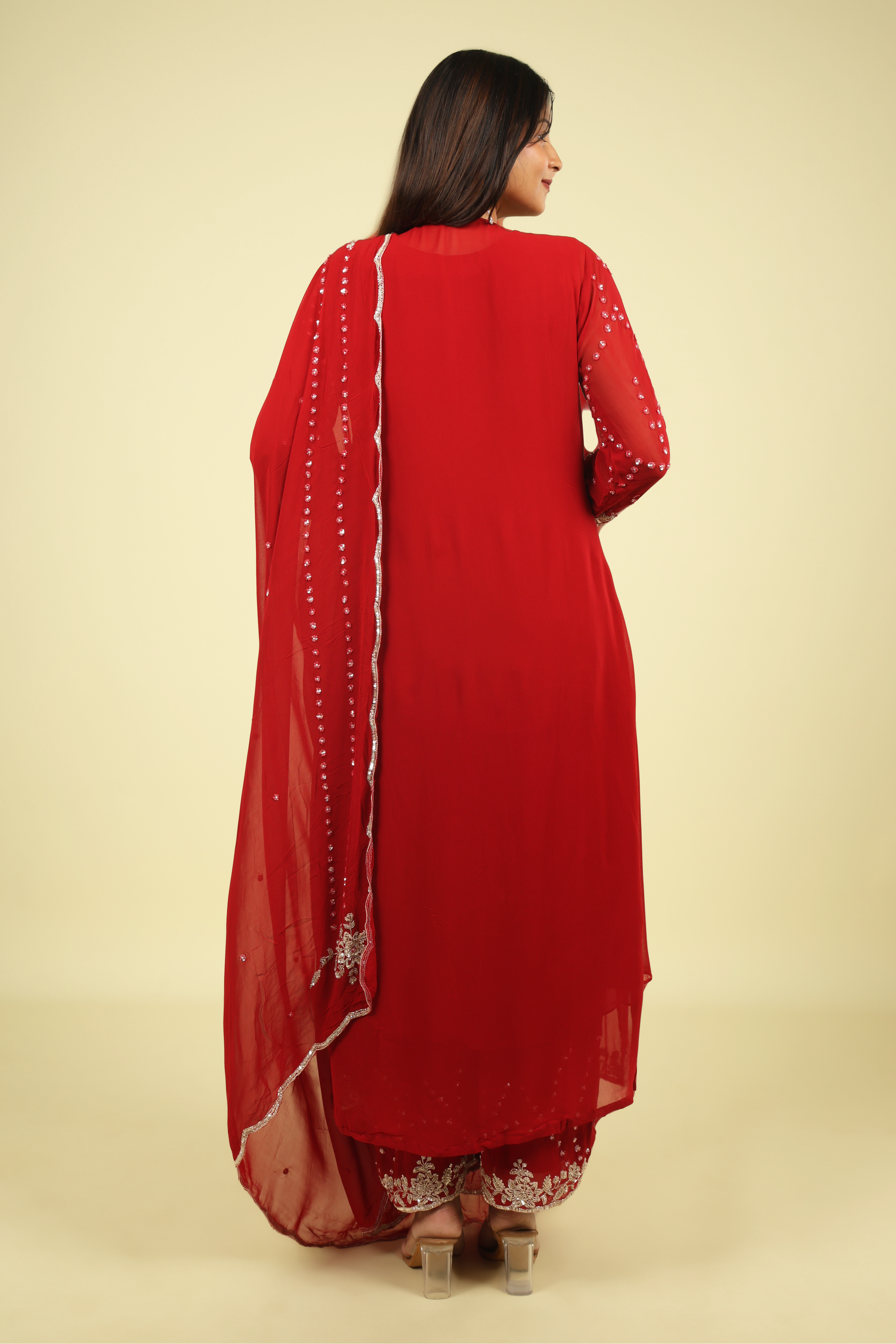 Red Georgette Anarkali Cape Set with Sequin, Cutdana & Pearl Embroidery - Mokshaa