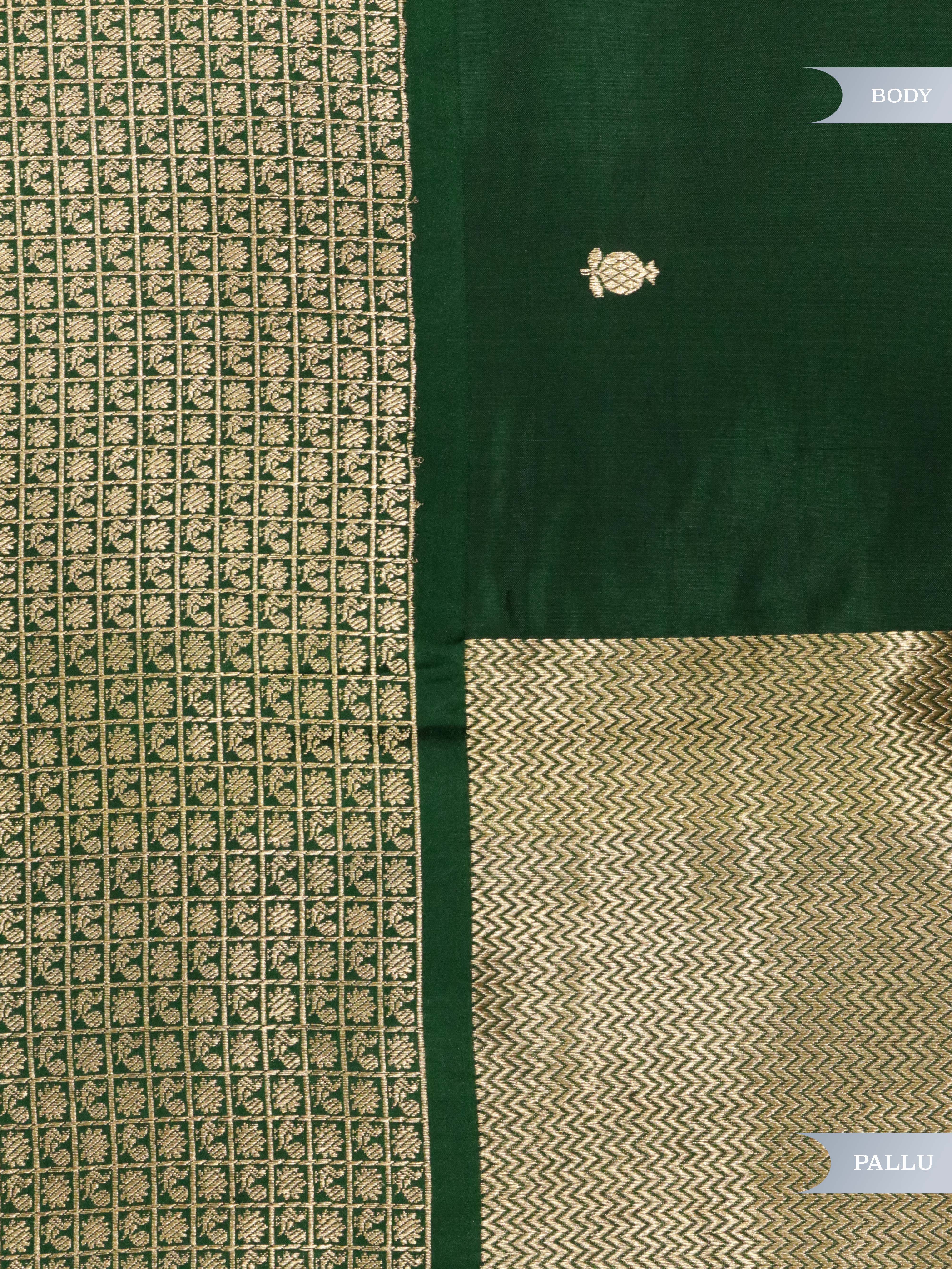 Bottle Green Banarasi Silk Saree with All-Over Buttas & Zari Border