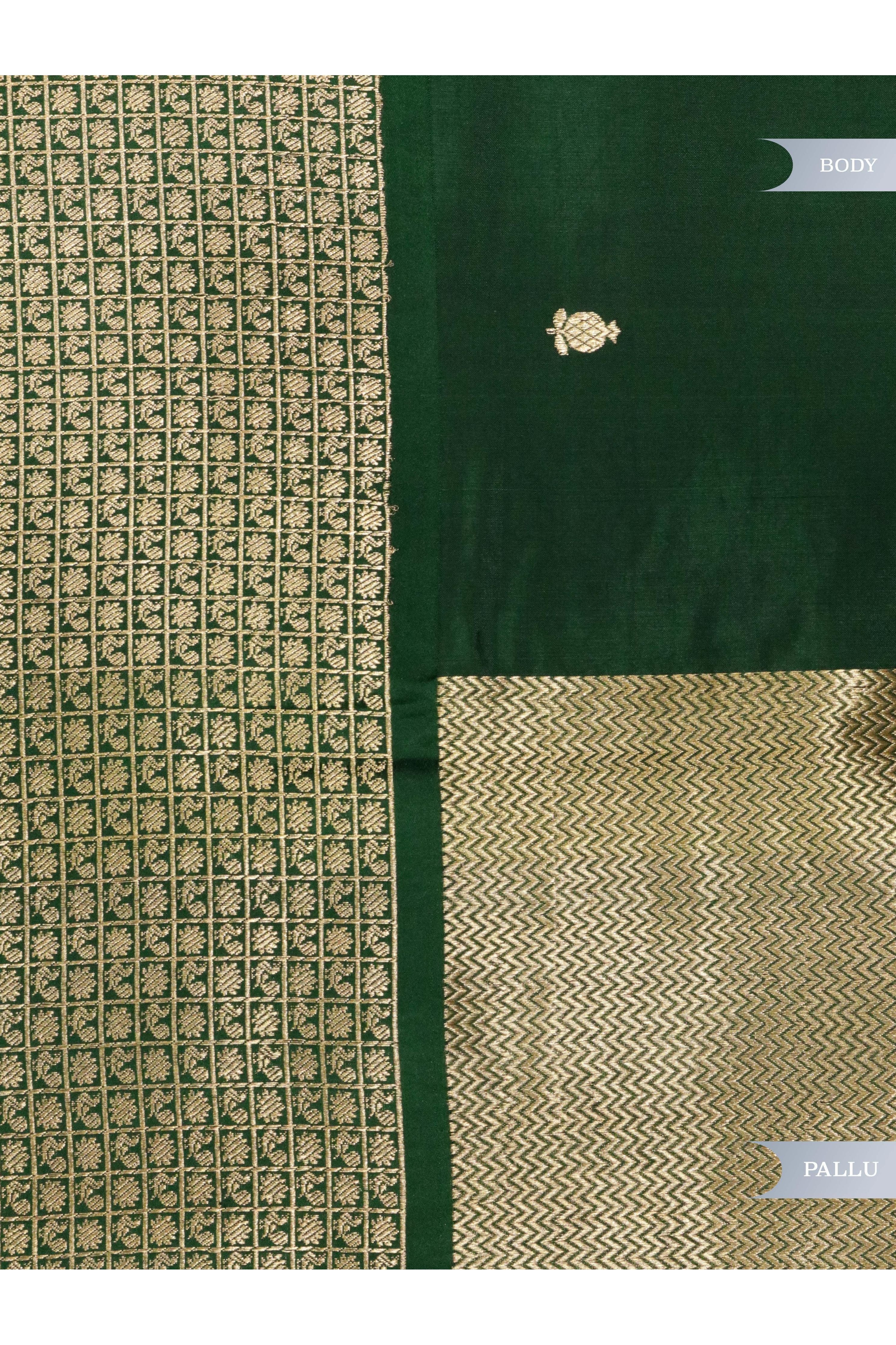 Bottle Green Banarasi Silk Saree with All-Over Buttas & Zari Border - Mokshaa