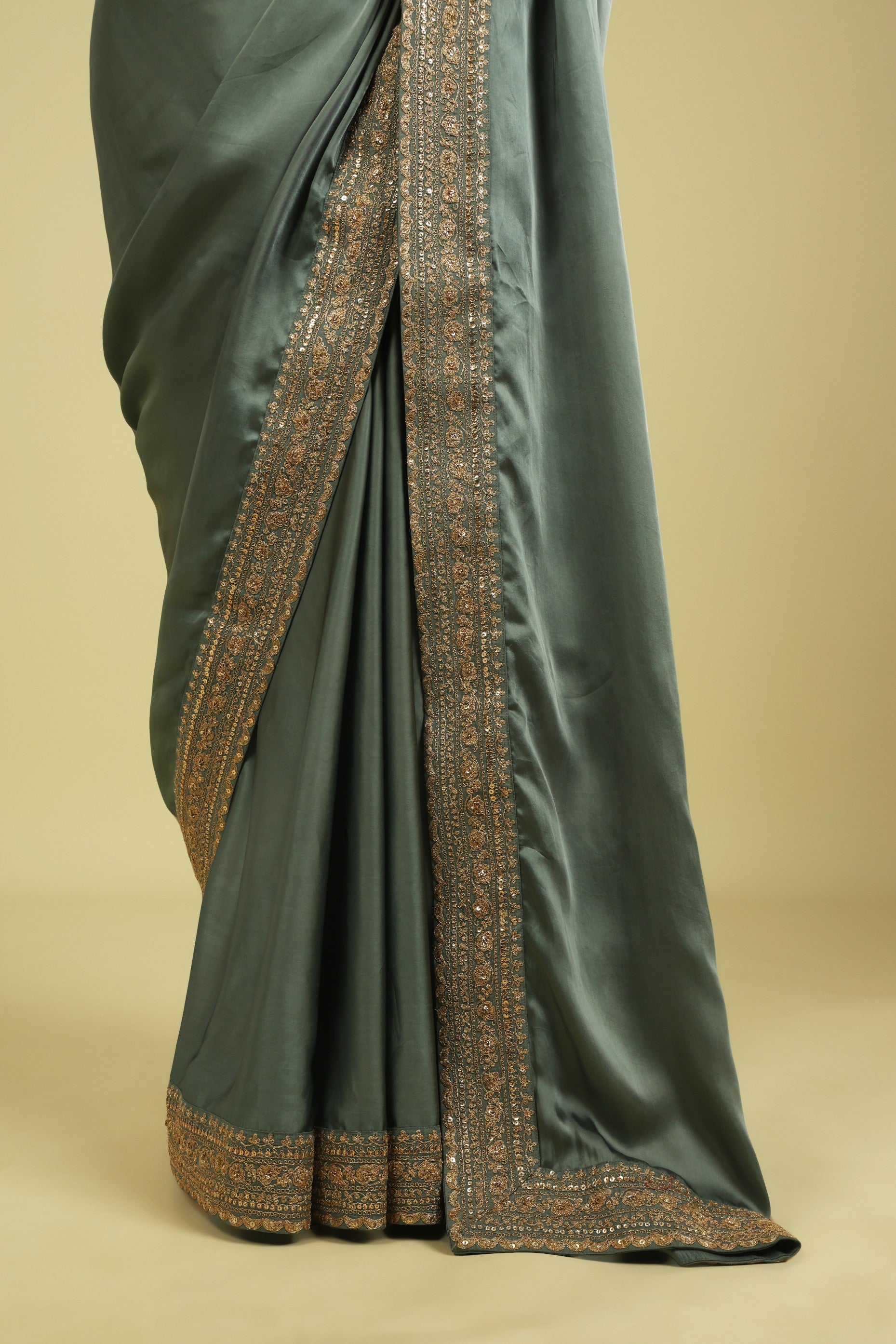 Powder Blue Satin Saree with Zari Thread Border & Zari Motif Blouse