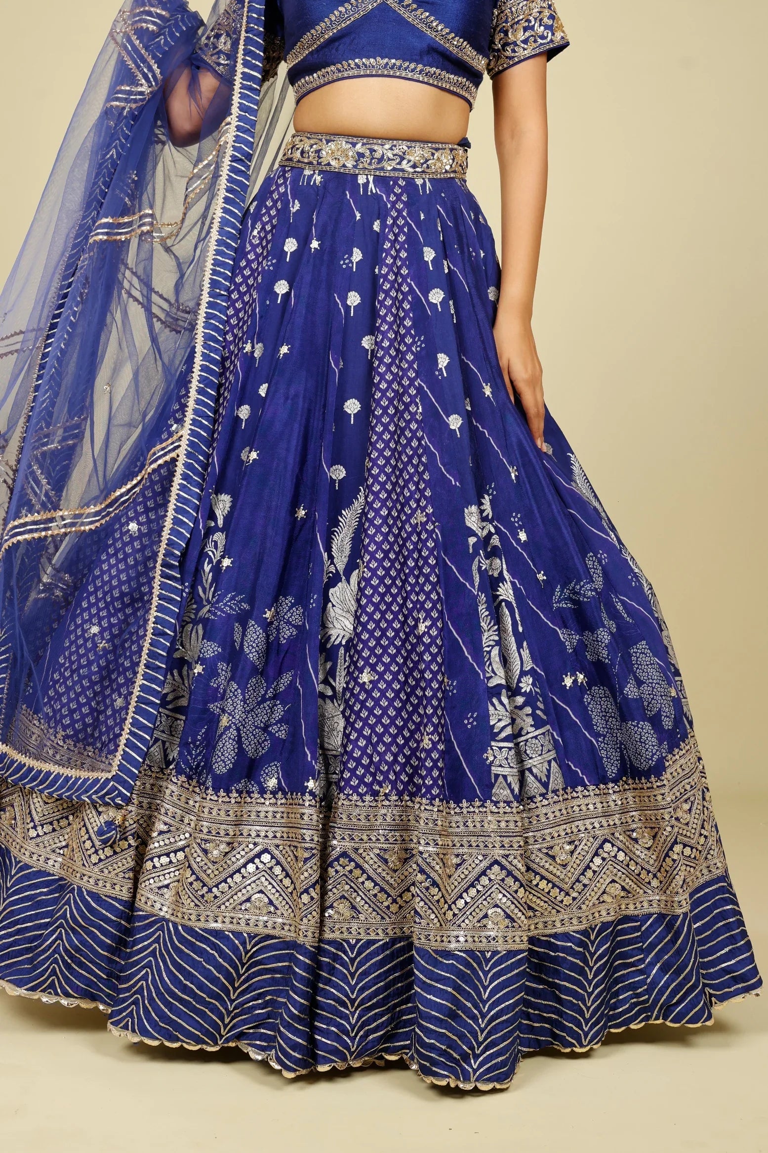 Royal Blue Printed Crepe Silk Lehenga Set with Zardozi & Gota Embroidery | Mokshaa