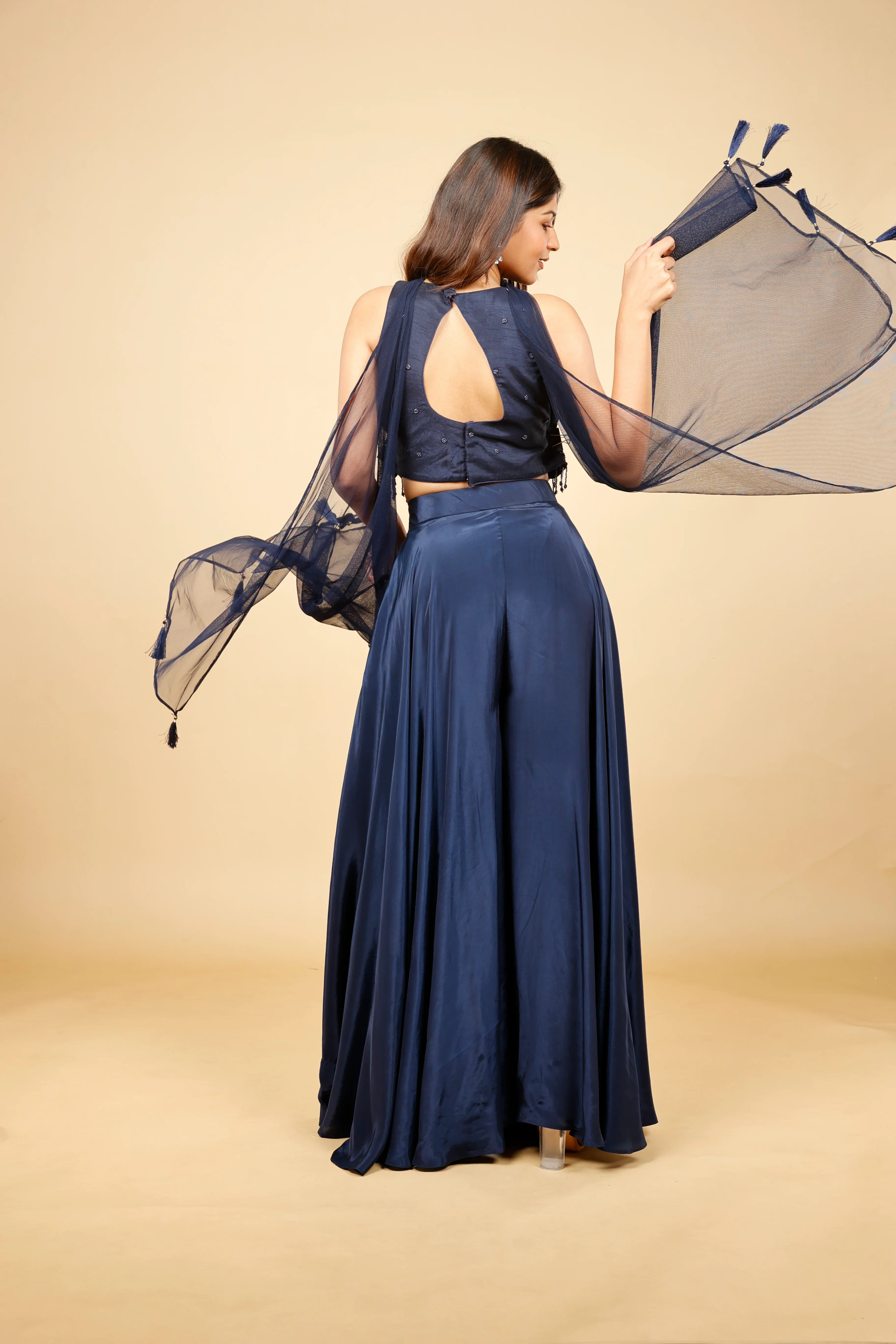 Navy Blue Satin Corset Palazzo Set with Pearl, Cutdana & Metallic Embroidery - Mokshaa