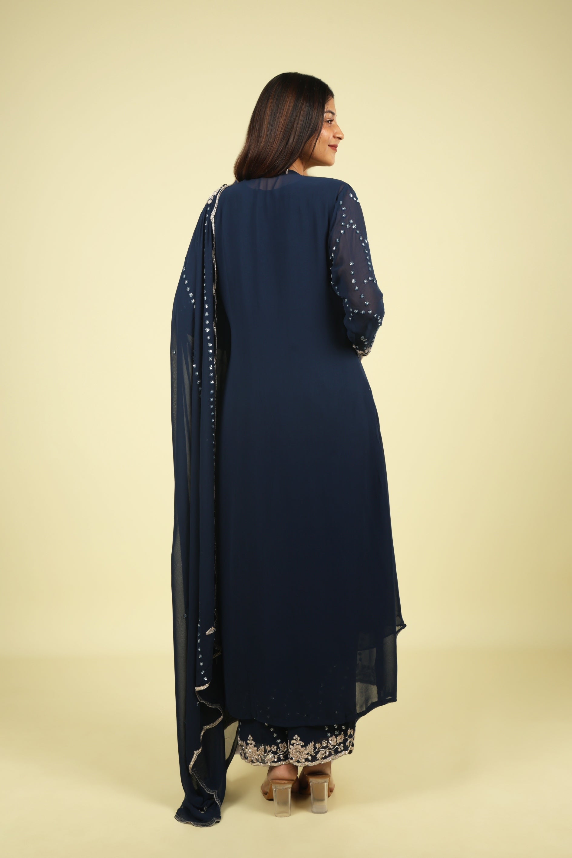Navy Blue Georgette Anarkali Set with Cape & Dupatta