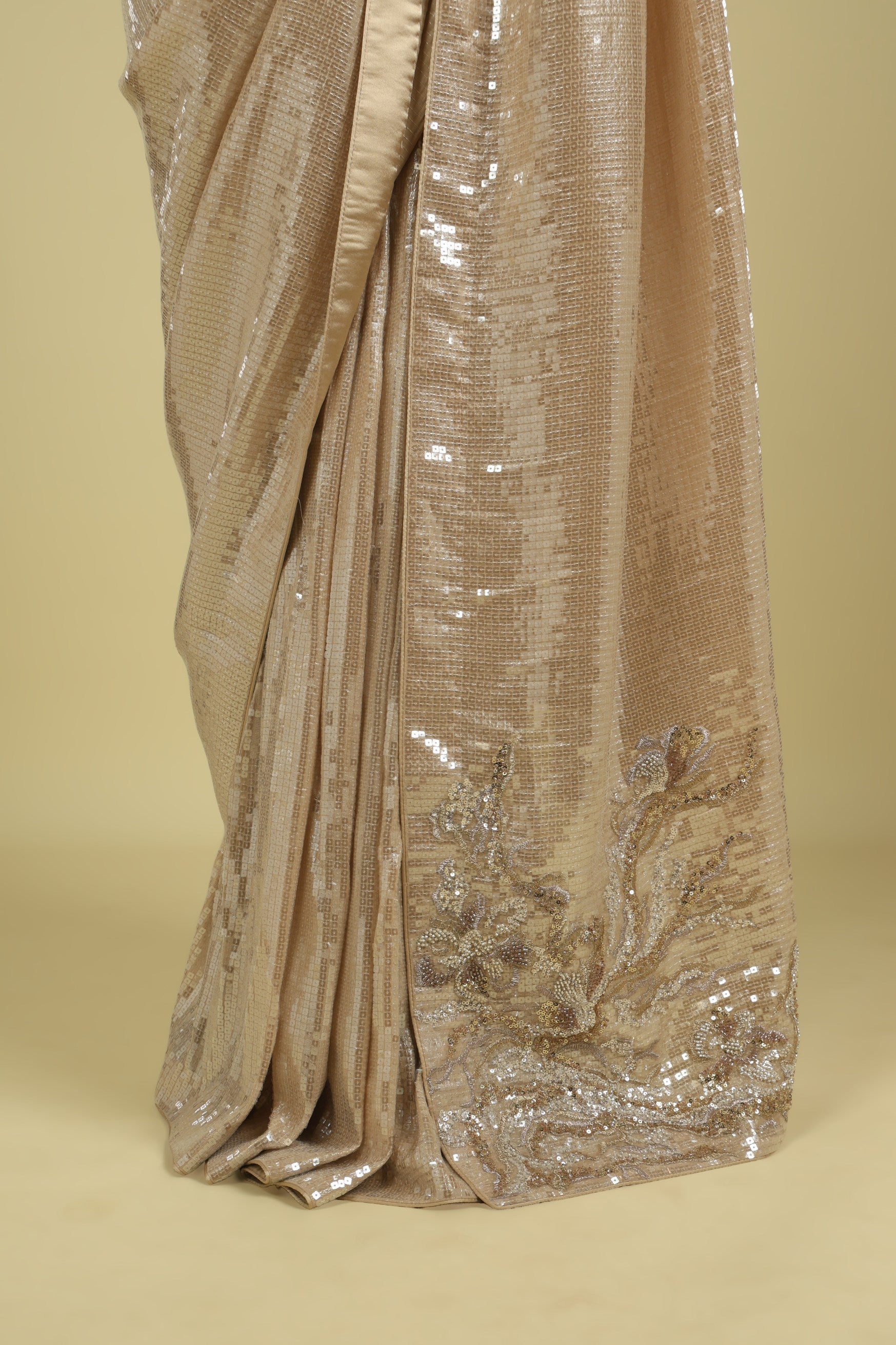 Beige Net Saree with All-Over Self Sequins & Fancy Sequin Border