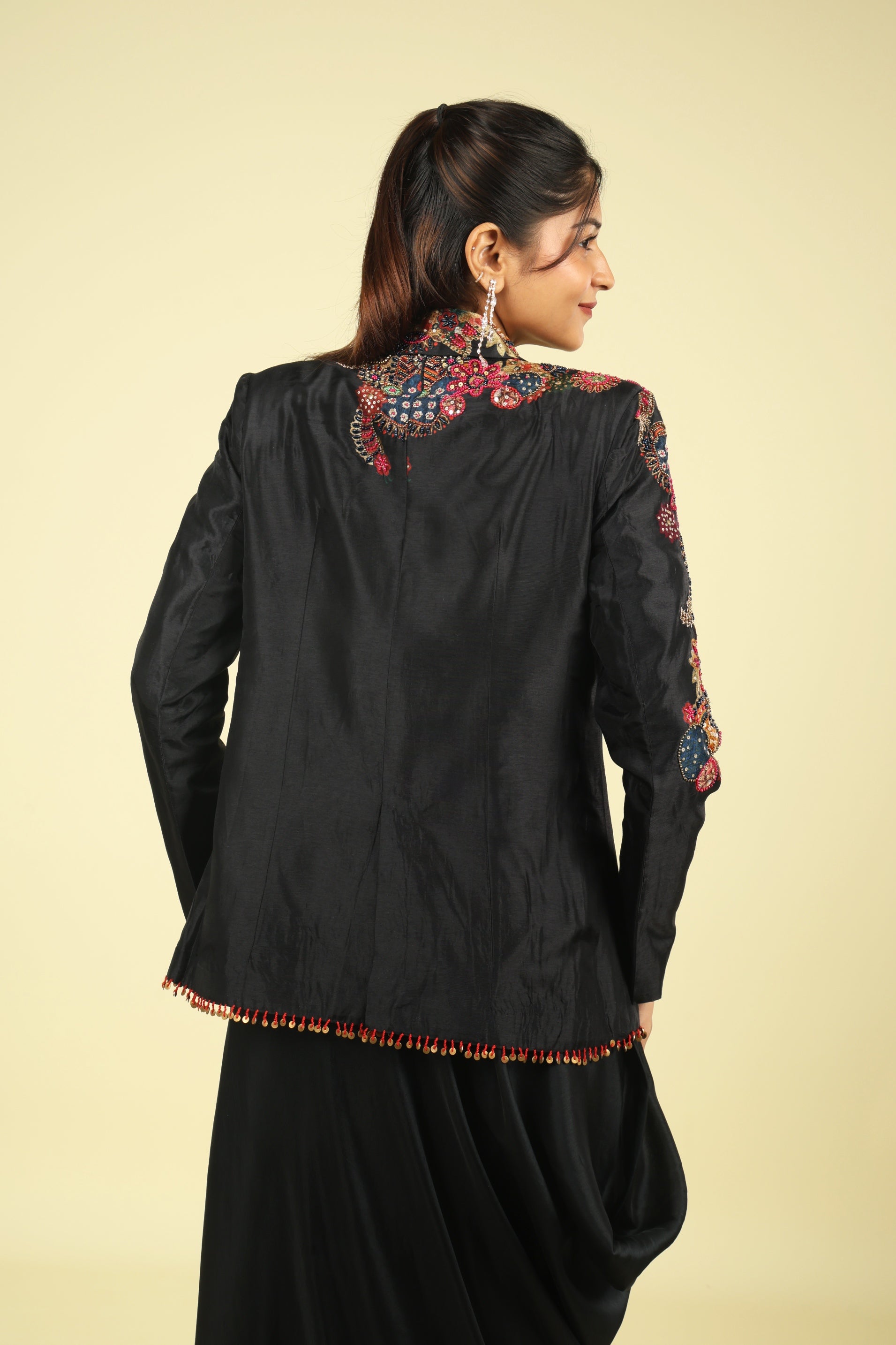 Black Silk Blazer & Draped Skirt Set with Pearl & Sequin Embroidery - Mokshaa