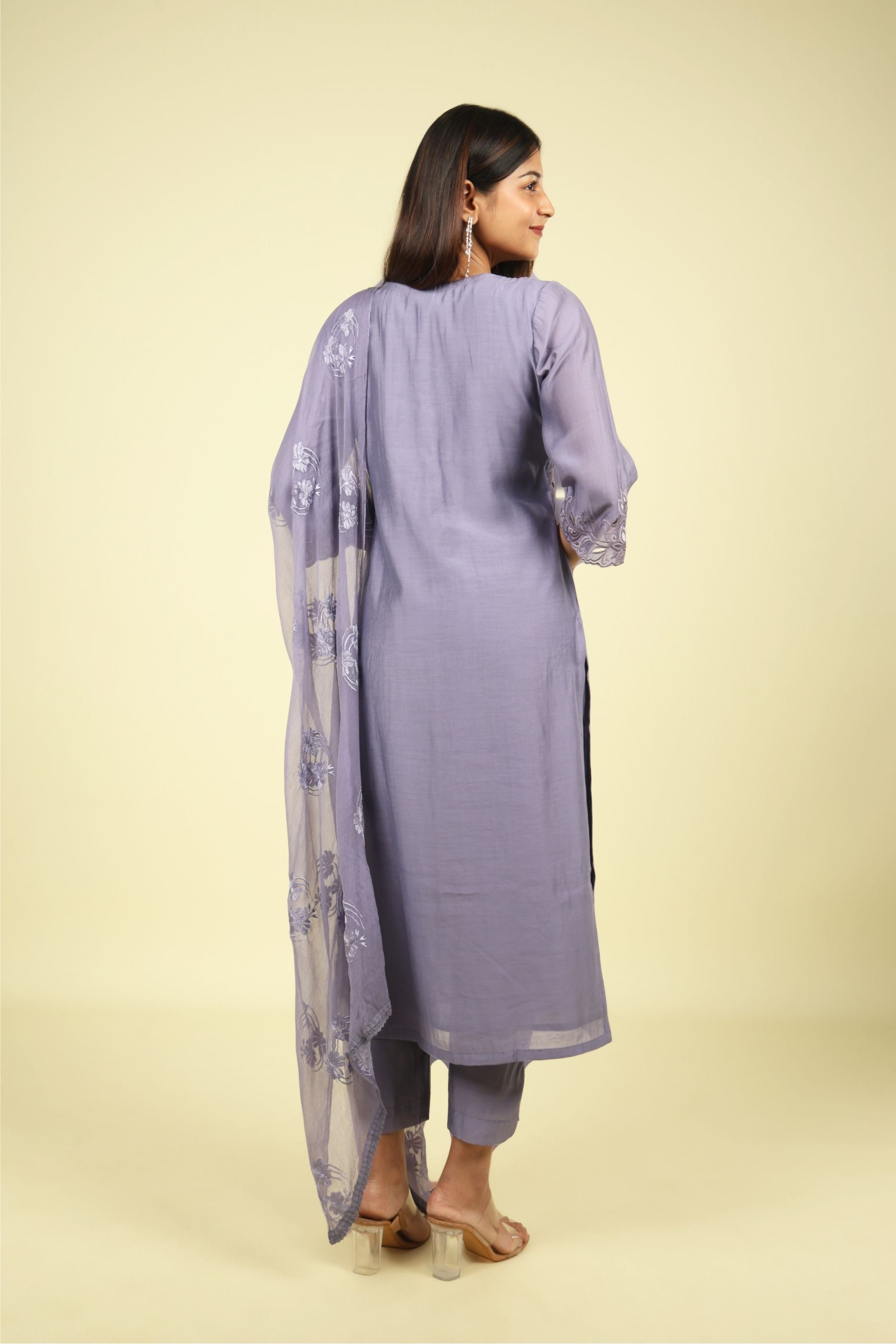 Violet Embroidered Mul Chanderi Salwar Suit - Mokshaa