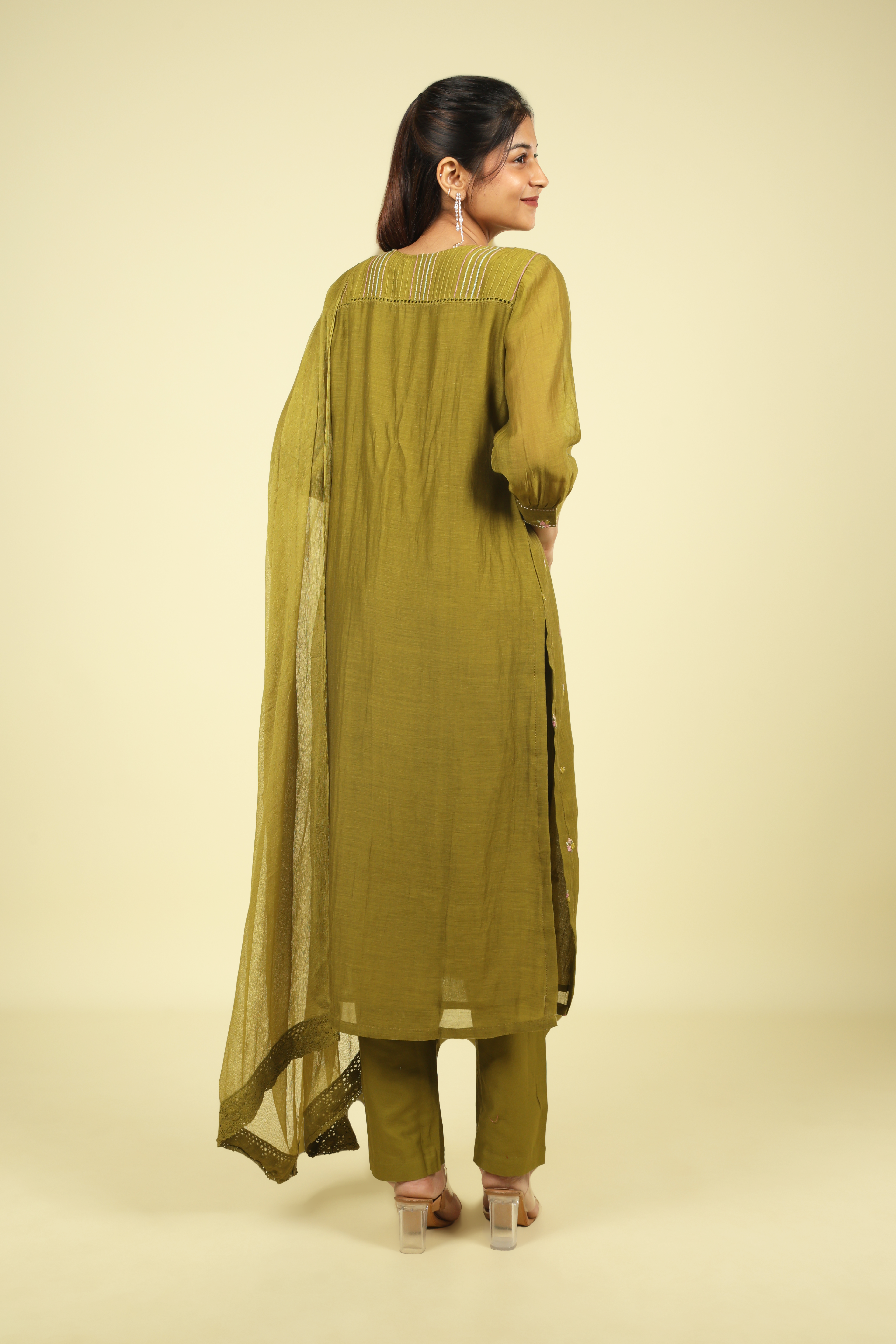 Olive Green Mul Chanderi Straight Cut Salwar Set with Chiffon Dupatta