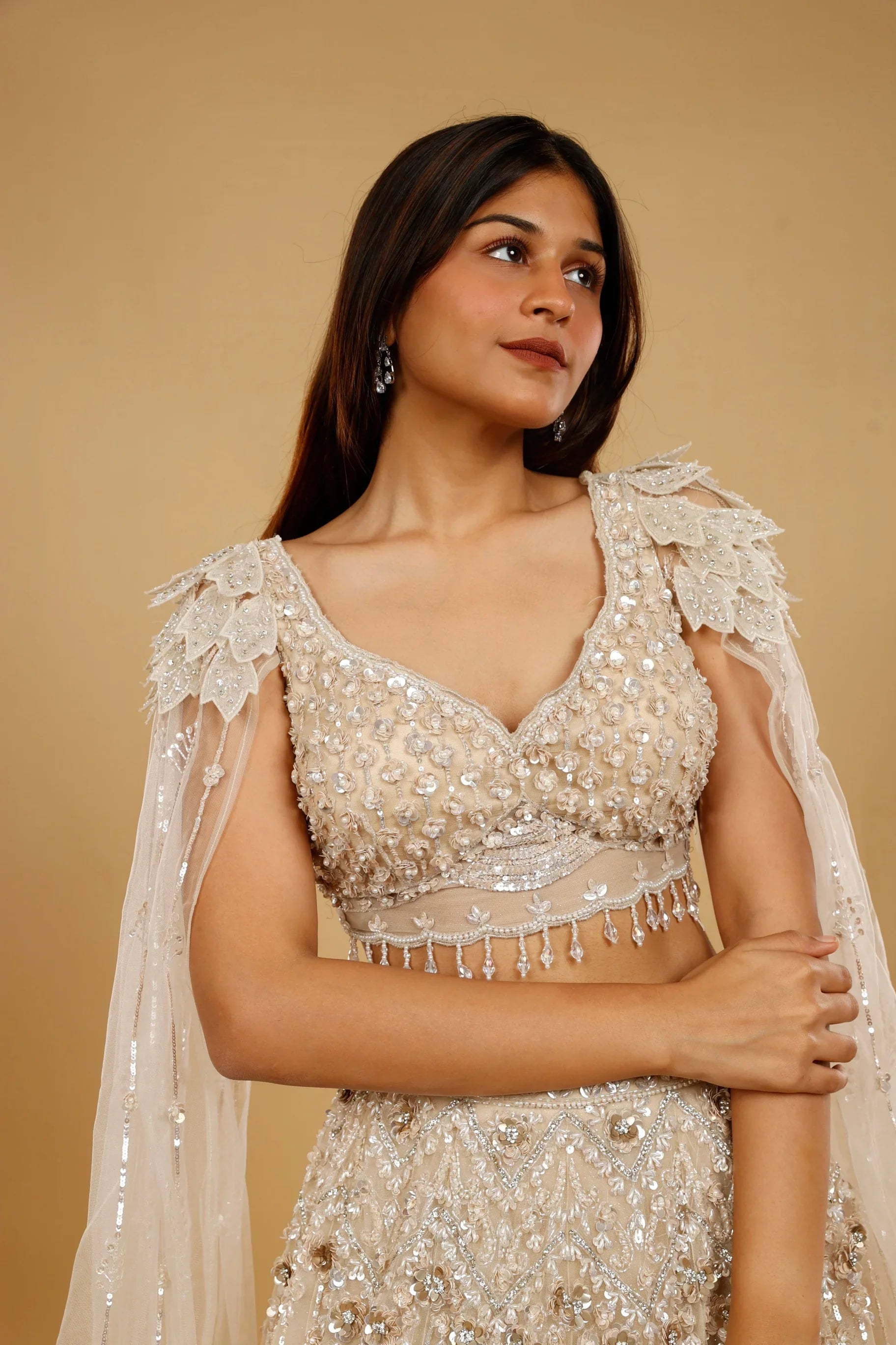 Beige Gold Net Lehenga Set with Sequin, Cutdana & Stone Embroidery