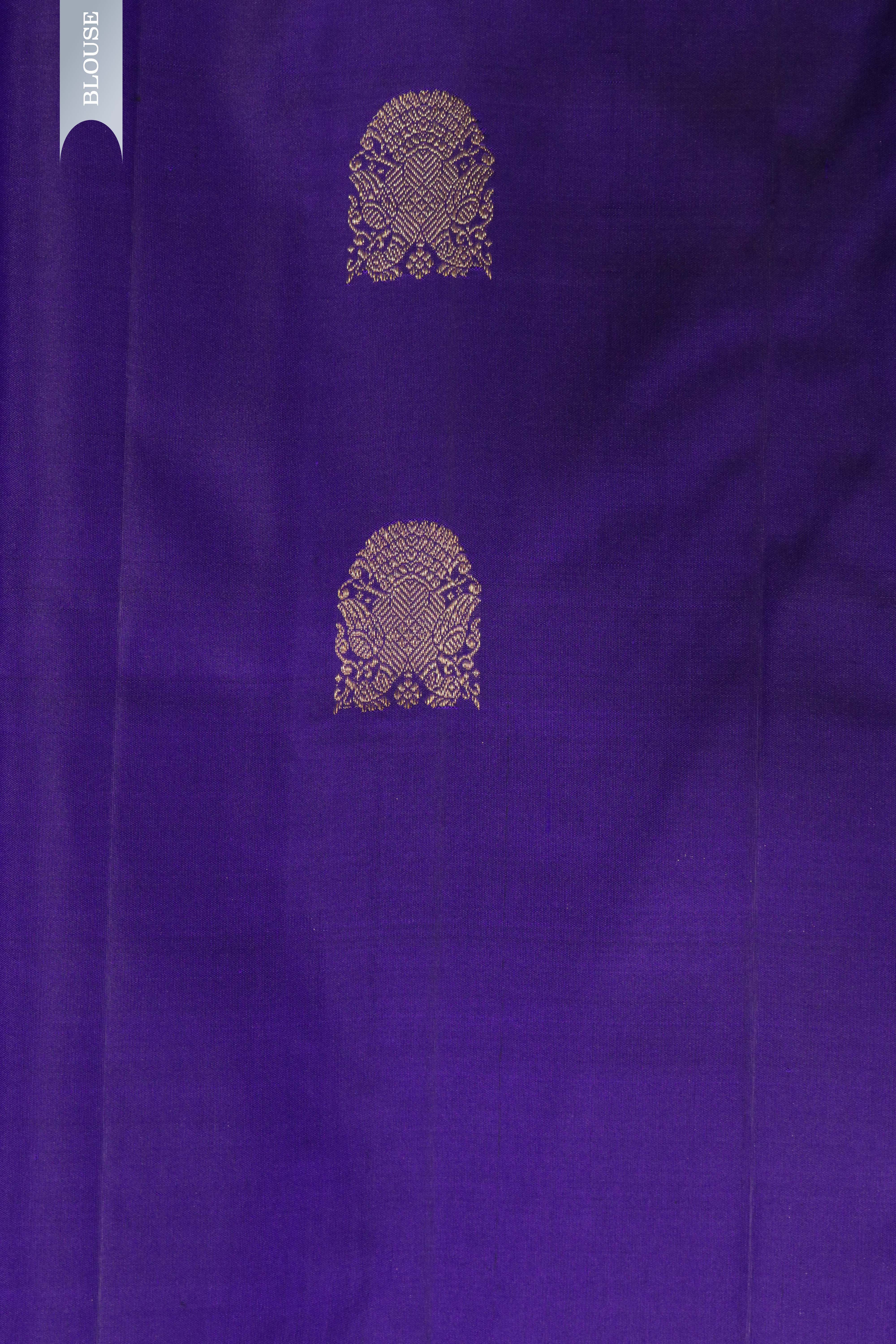 Blue Kanchipuram Silk Saree with Gold & Silver Geometrical Weaving and Zari Motif Border