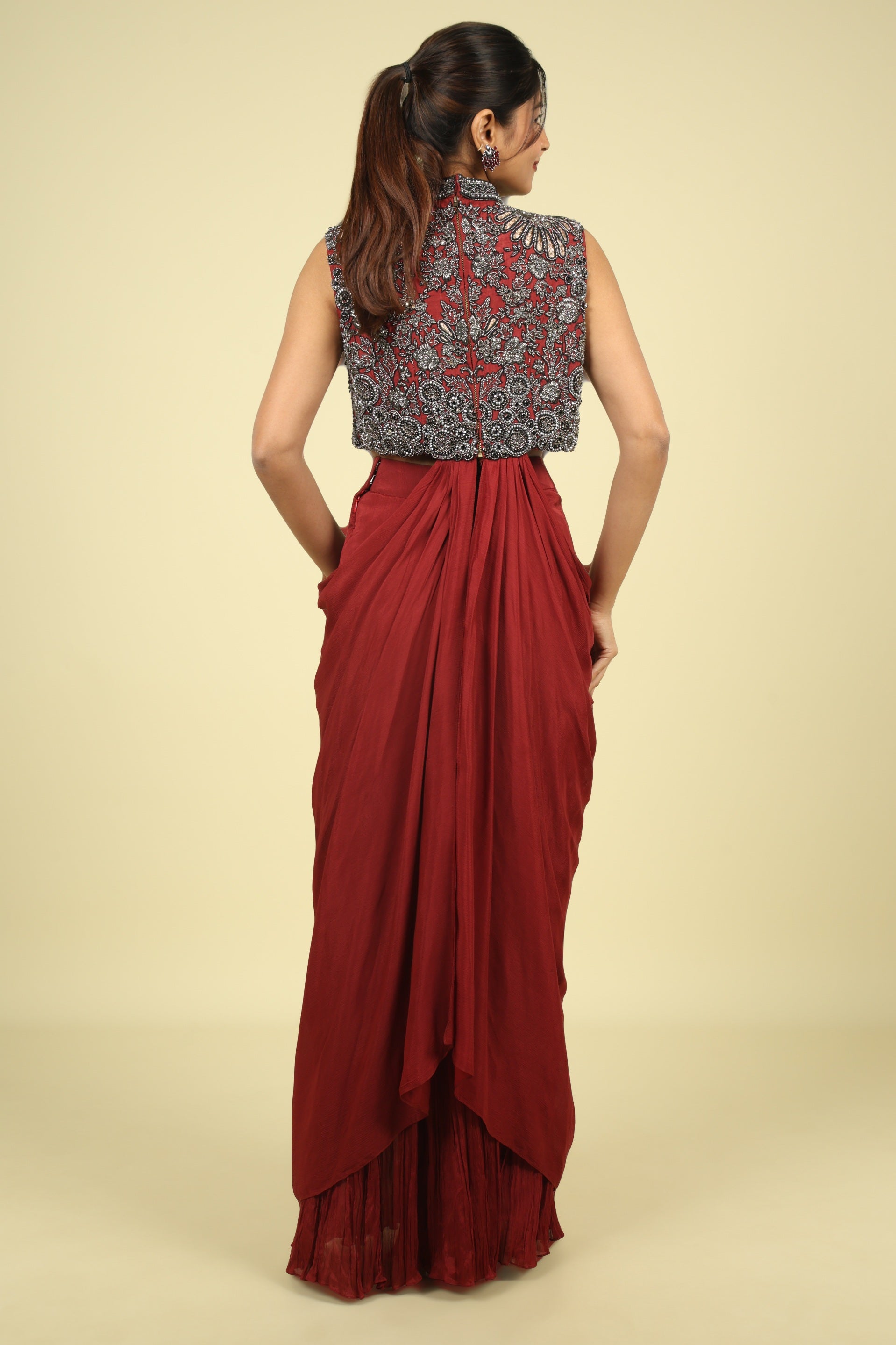 Maroon Draped Indo-Western Silk Set with Metallic & Thread Embroidery - Mokshaa