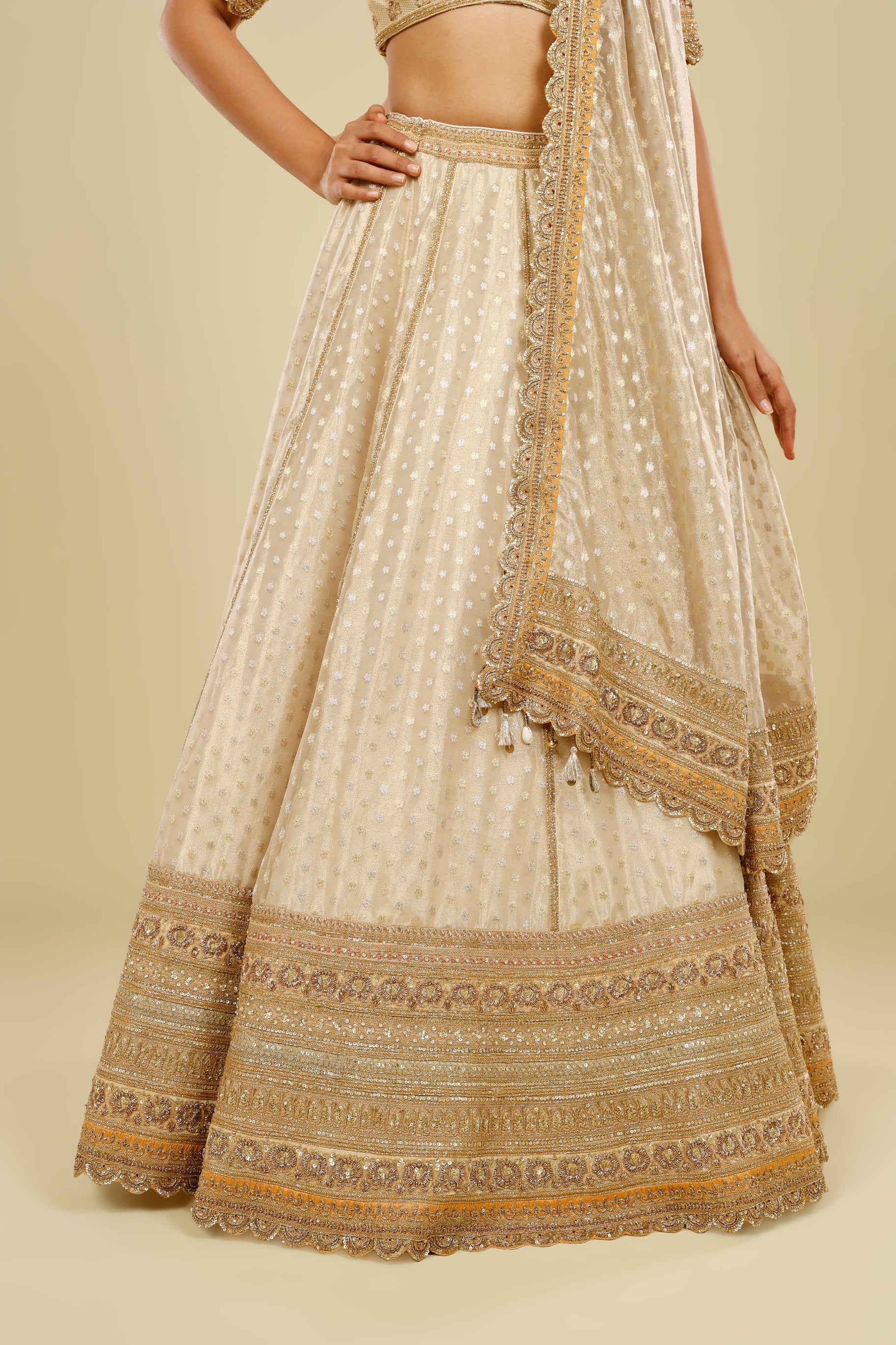 Ivory Banarasi Tissue Organza Lehenga Set with Zardozi, Zari & Sequin Embroidery