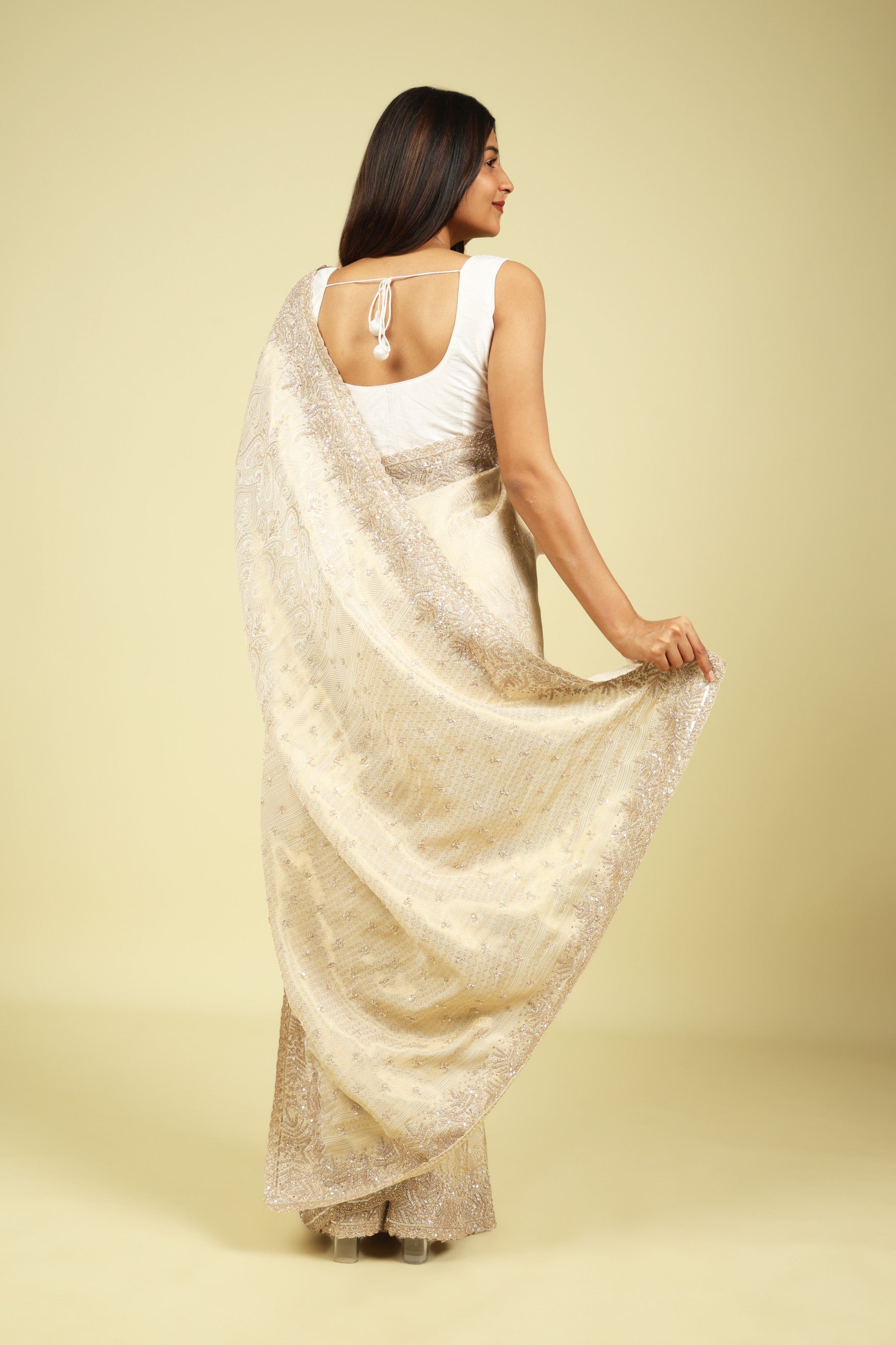 Off White Handloom Silk Saree with Banarasi Zari Weaving & Bead-Sequin Border