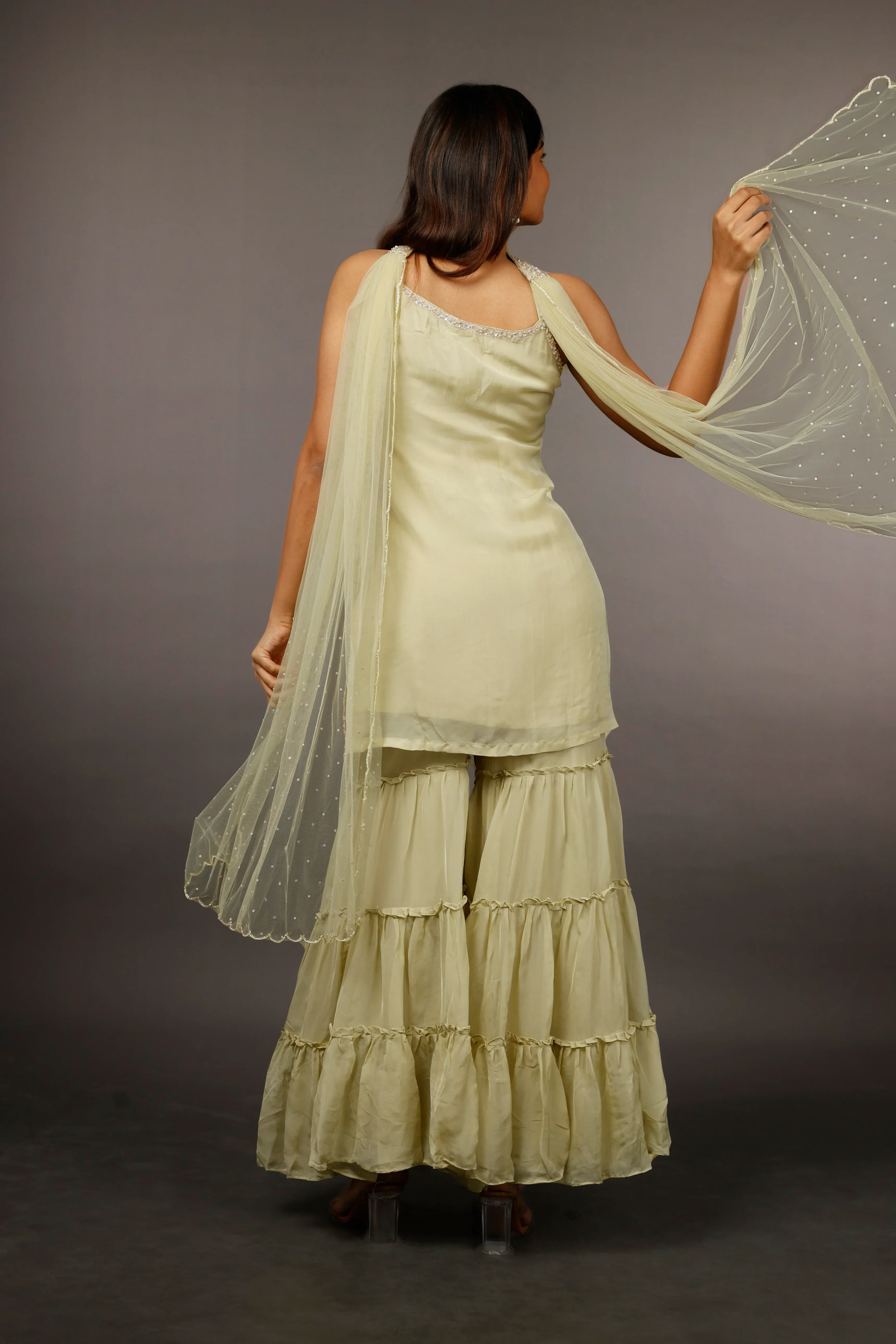 Light Green Georgette Sharara Set with Shadow, Zari, Pearl, Cutdana & Sequin Embroidery - Mokshaa