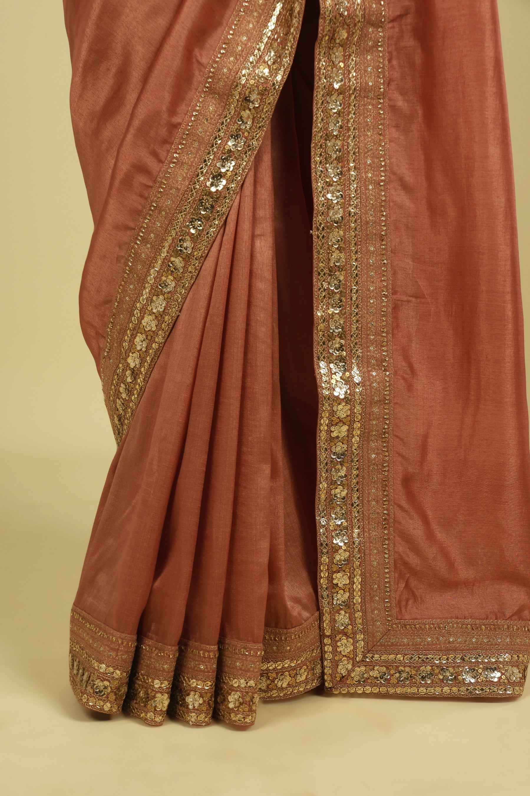 Rust Peach Tussar Georgette Saree with Zari Thread & Sequin Border