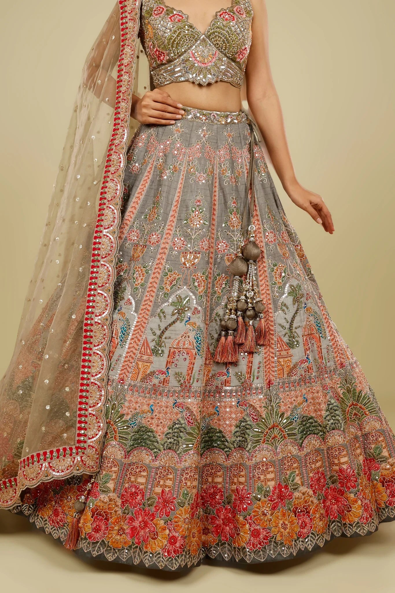 Grey Silk Lehenga Set with Zari, Stone & Sequin Embroidery | Mokshaa