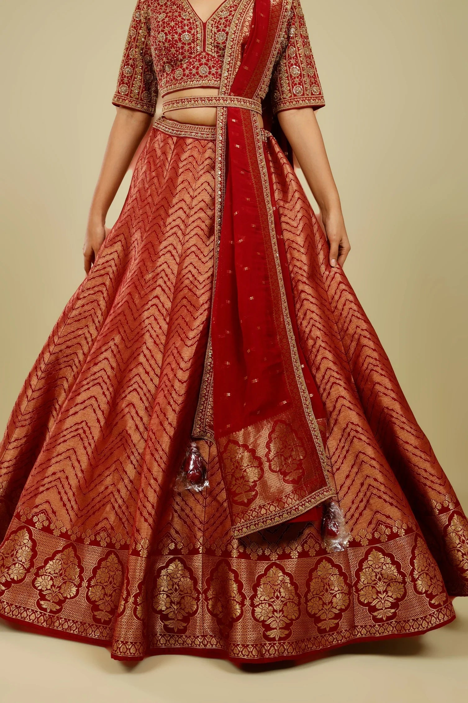 Maroon Banarasi Lehenga Set with Zari, French Knot & Cutdana Embroidery | Mokshaa