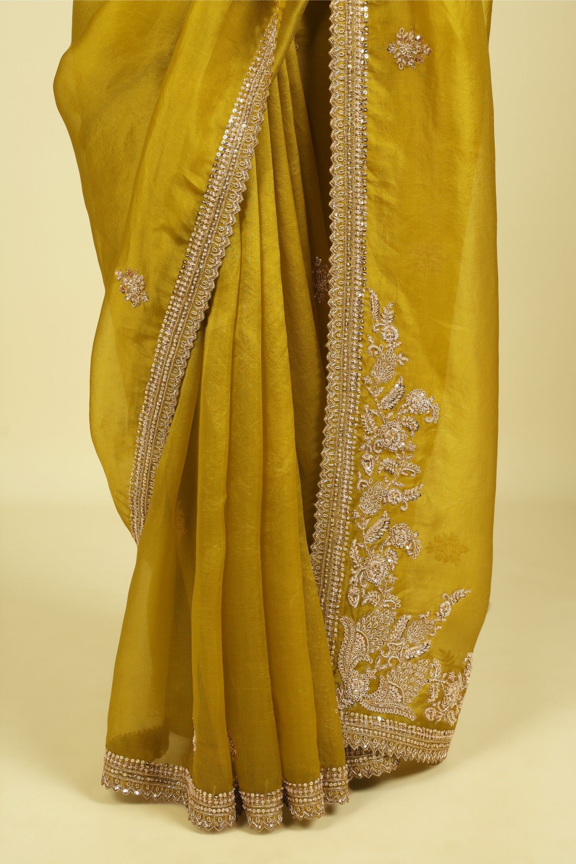 Lime Green Organza Saree with Zardoosi, Sequin Buttas & Embroidered Border