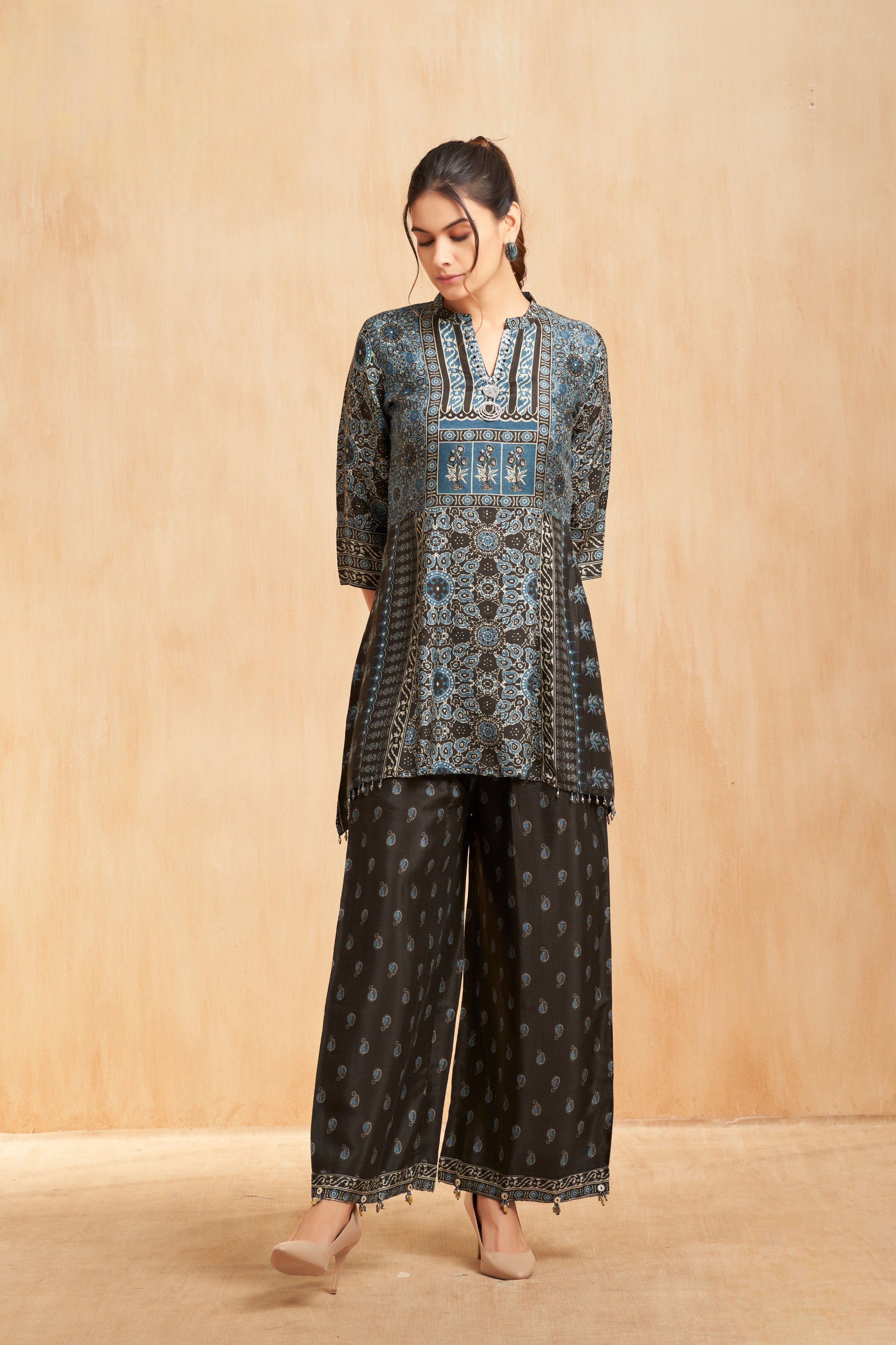Midnight Indigo Printed Silk Kurta Set with Ethnic Panel Motifs