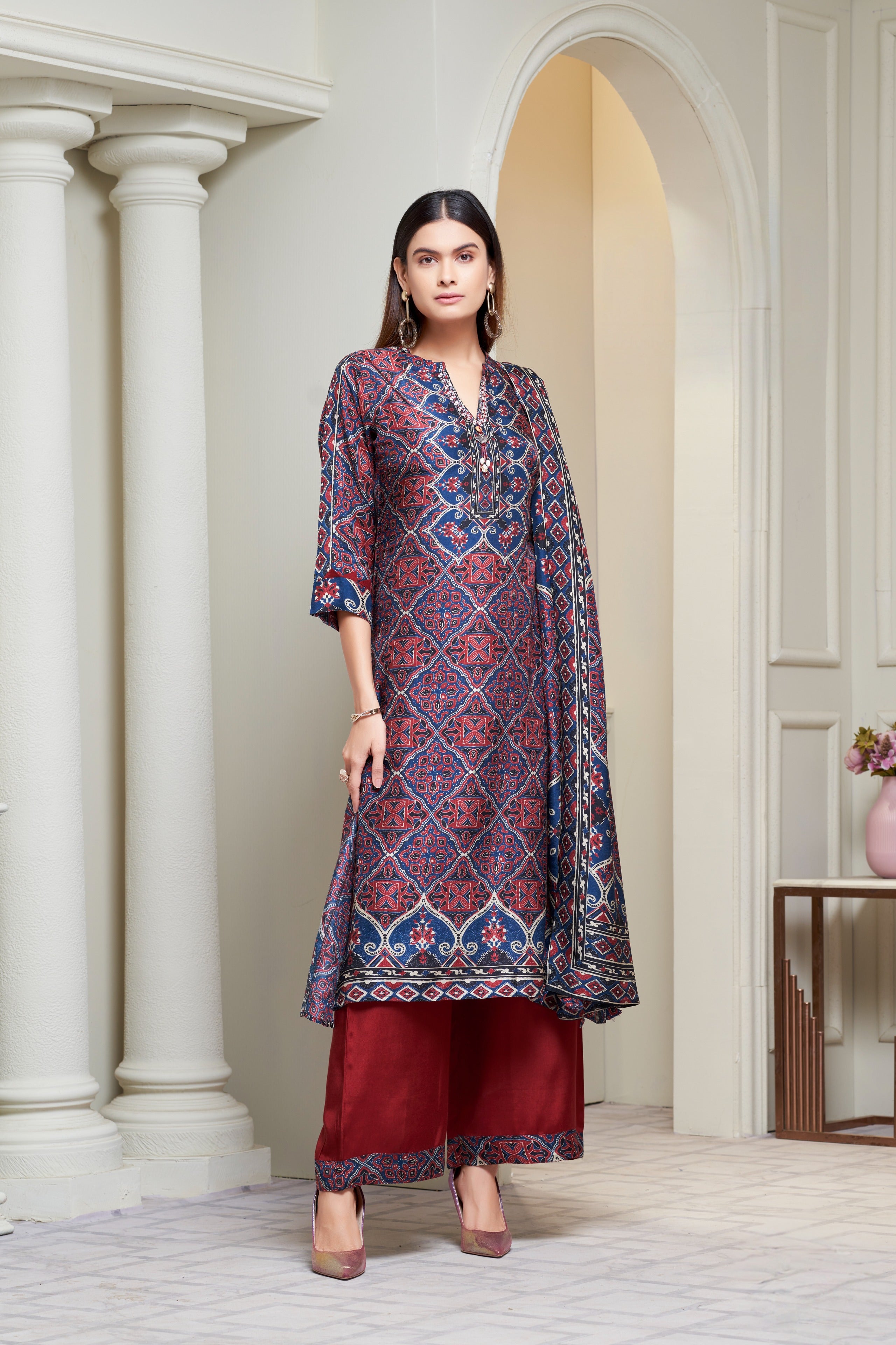 Indigo & Maroon Printed Crepe Kurta Set with Ethnic Dupatta