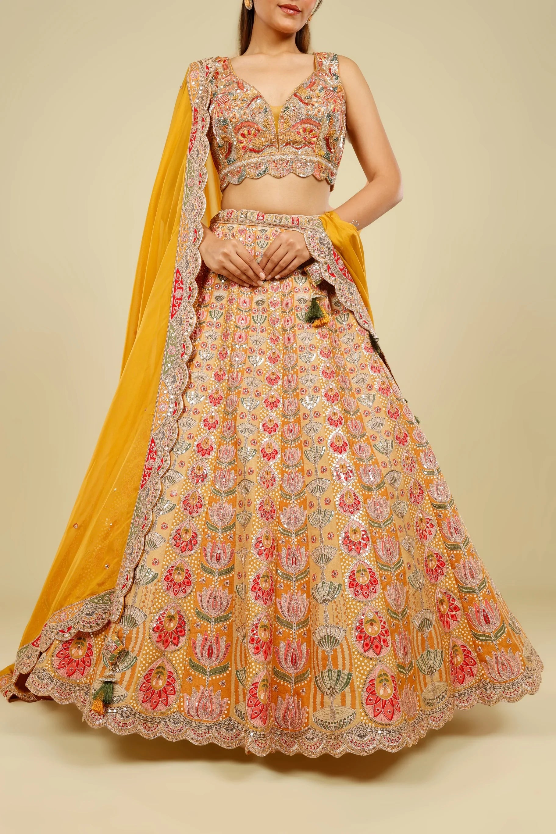 Yellow Printed Silk Lehenga Set with Zari & Sequin Embroidery