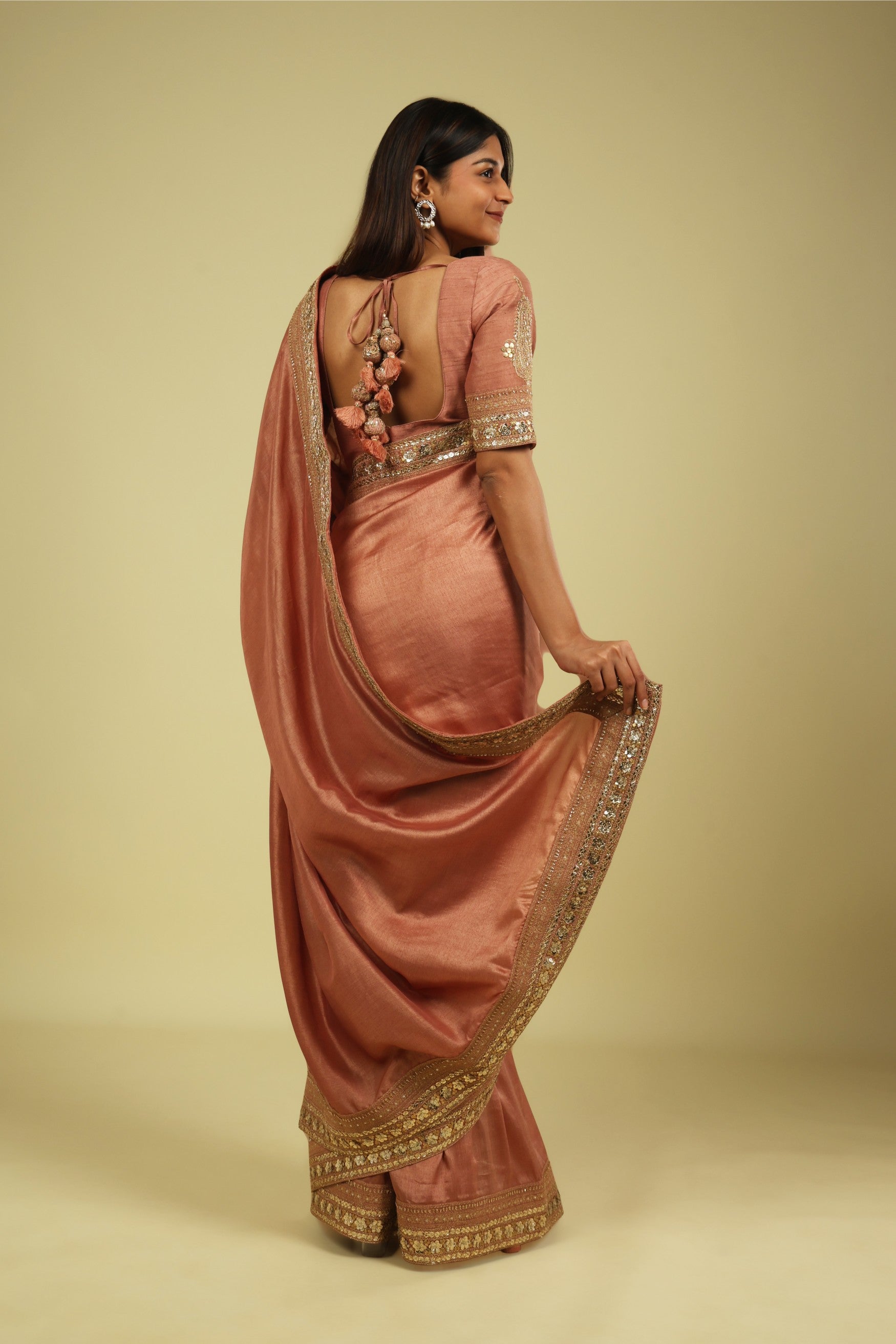 Rust Peach Tussar Georgette Saree with Zari Thread & Sequin Border