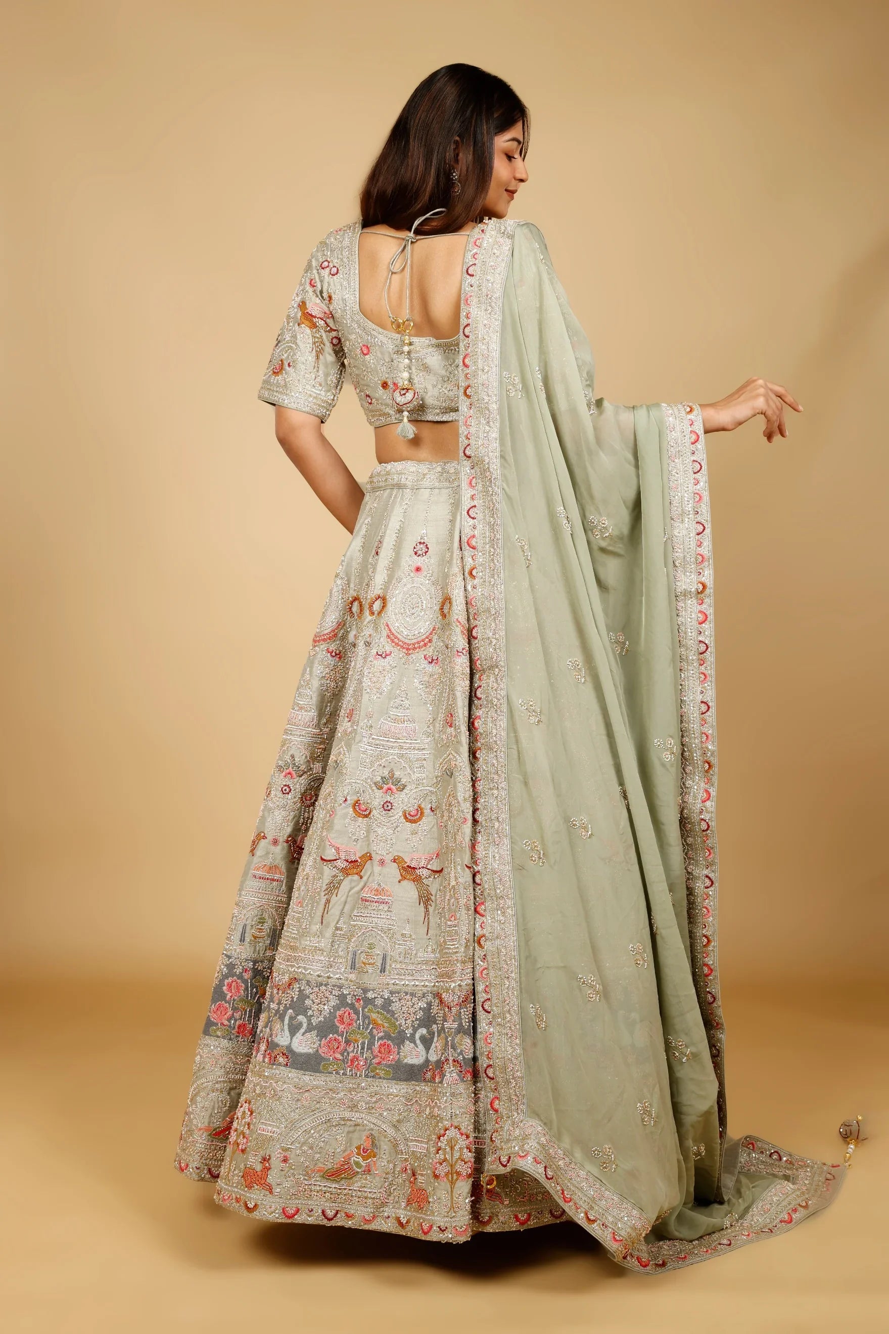 Sage Green Raw Silk Bridal Lehenga Set with Zardozi, Cutdana & Pearl Embroidery - Mokshaa