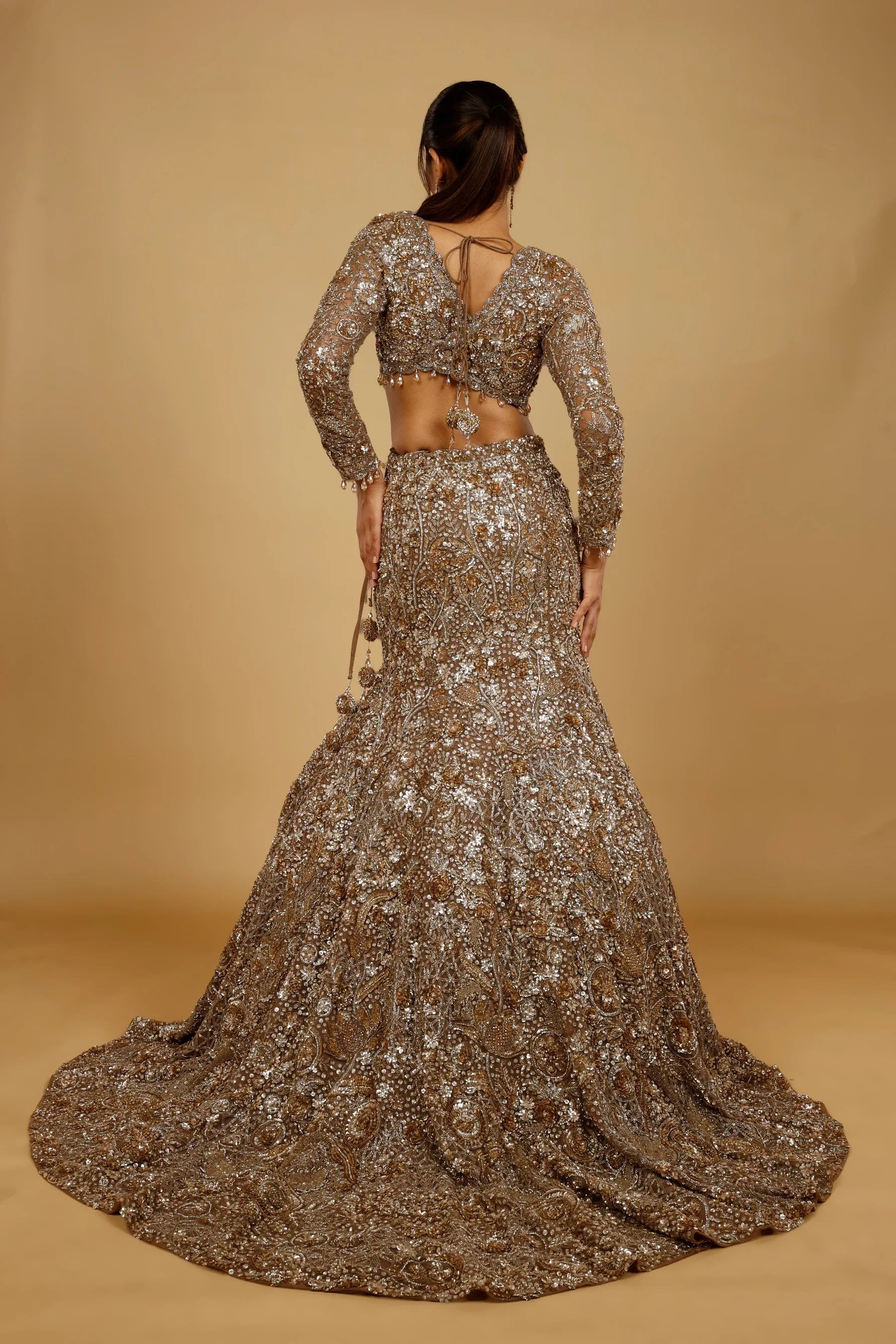 Dark Gold Net Mermaid Lehenga Set with Sequin, Stone & Kutdana Embroidery
