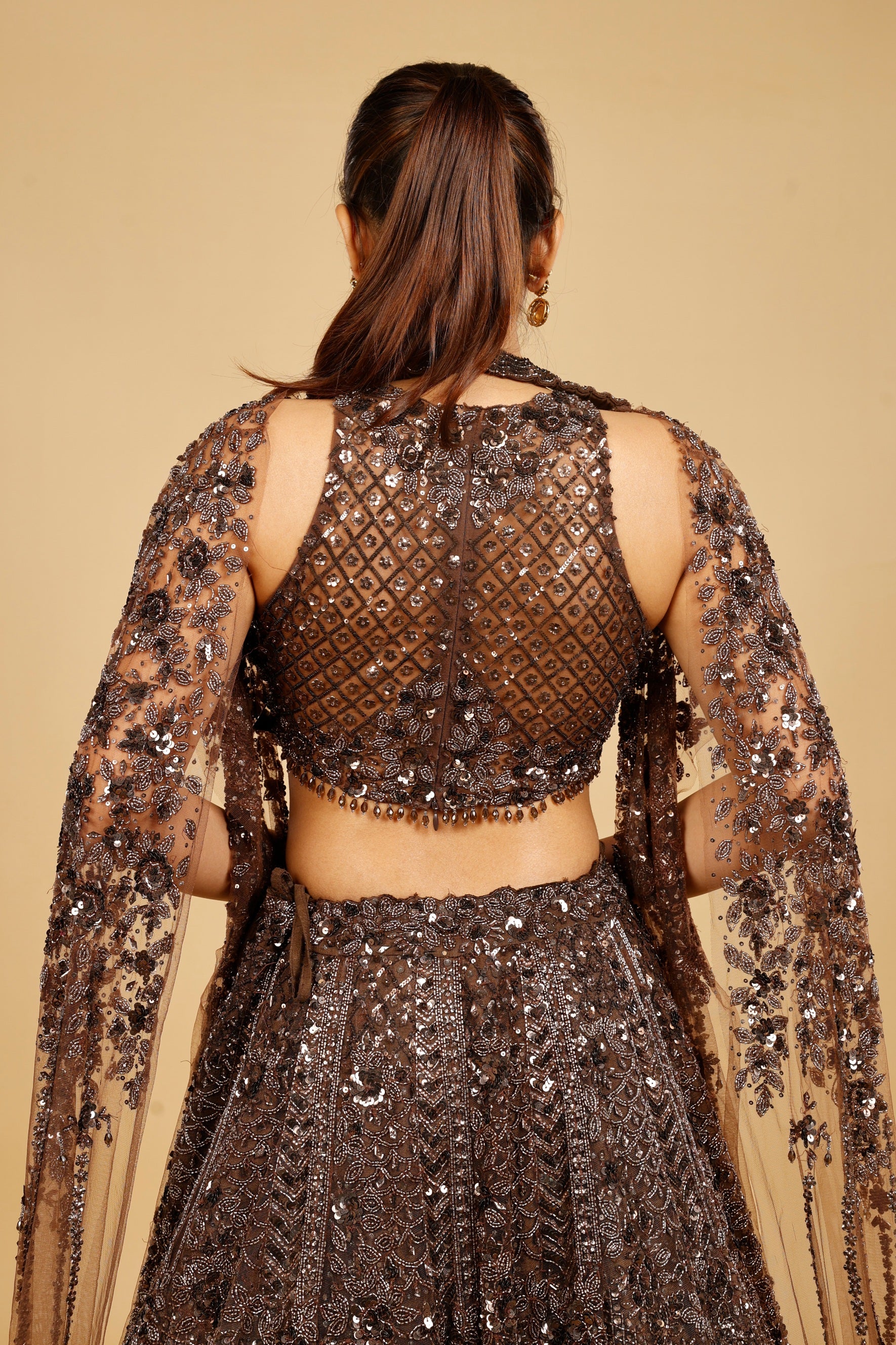 Brown Net Lehenga Set with Sequin, Kutdana & Pearl Embroidery
