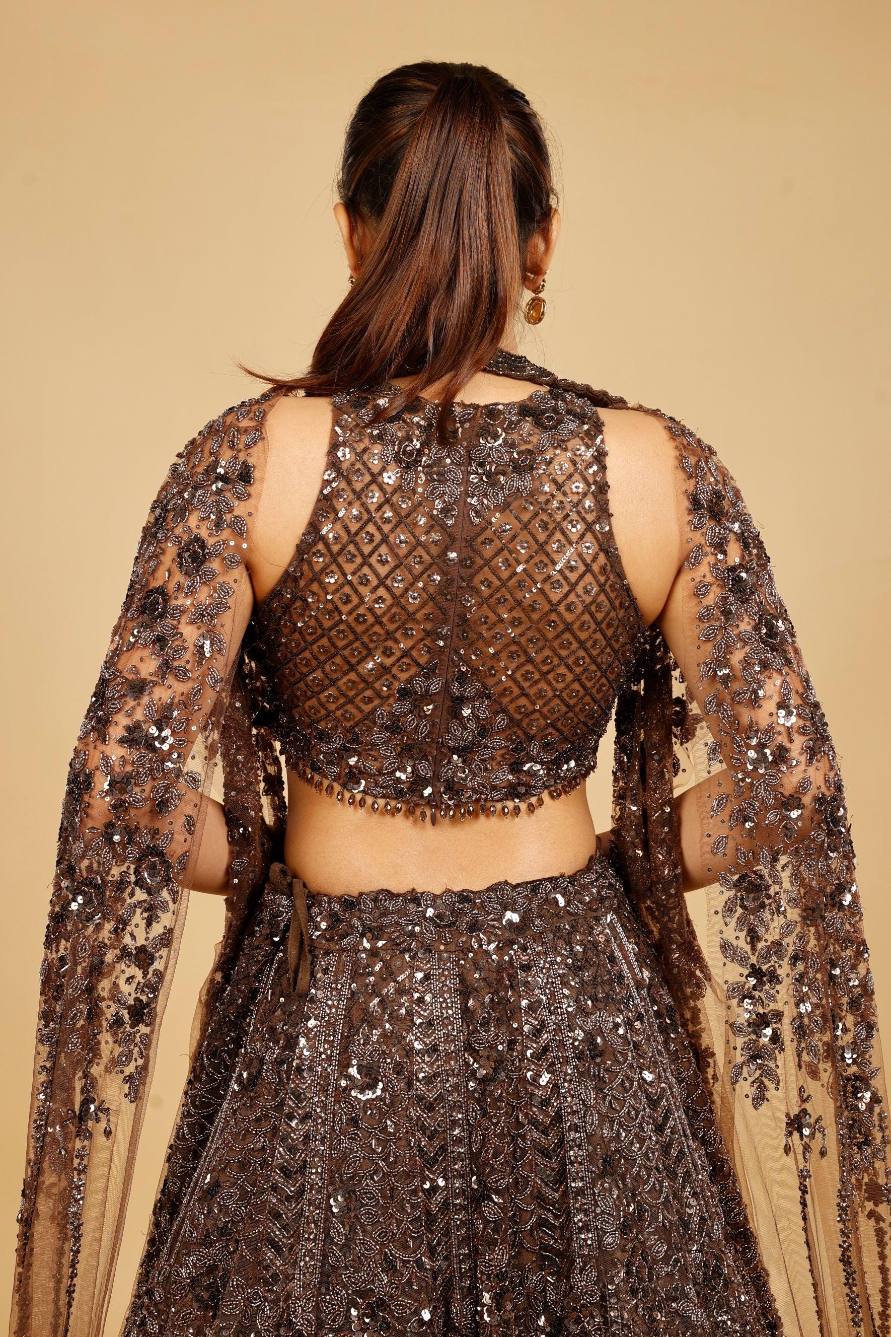 Brown Net Lehenga Set with Sequin, Kutdana & Pearl Embroidery
