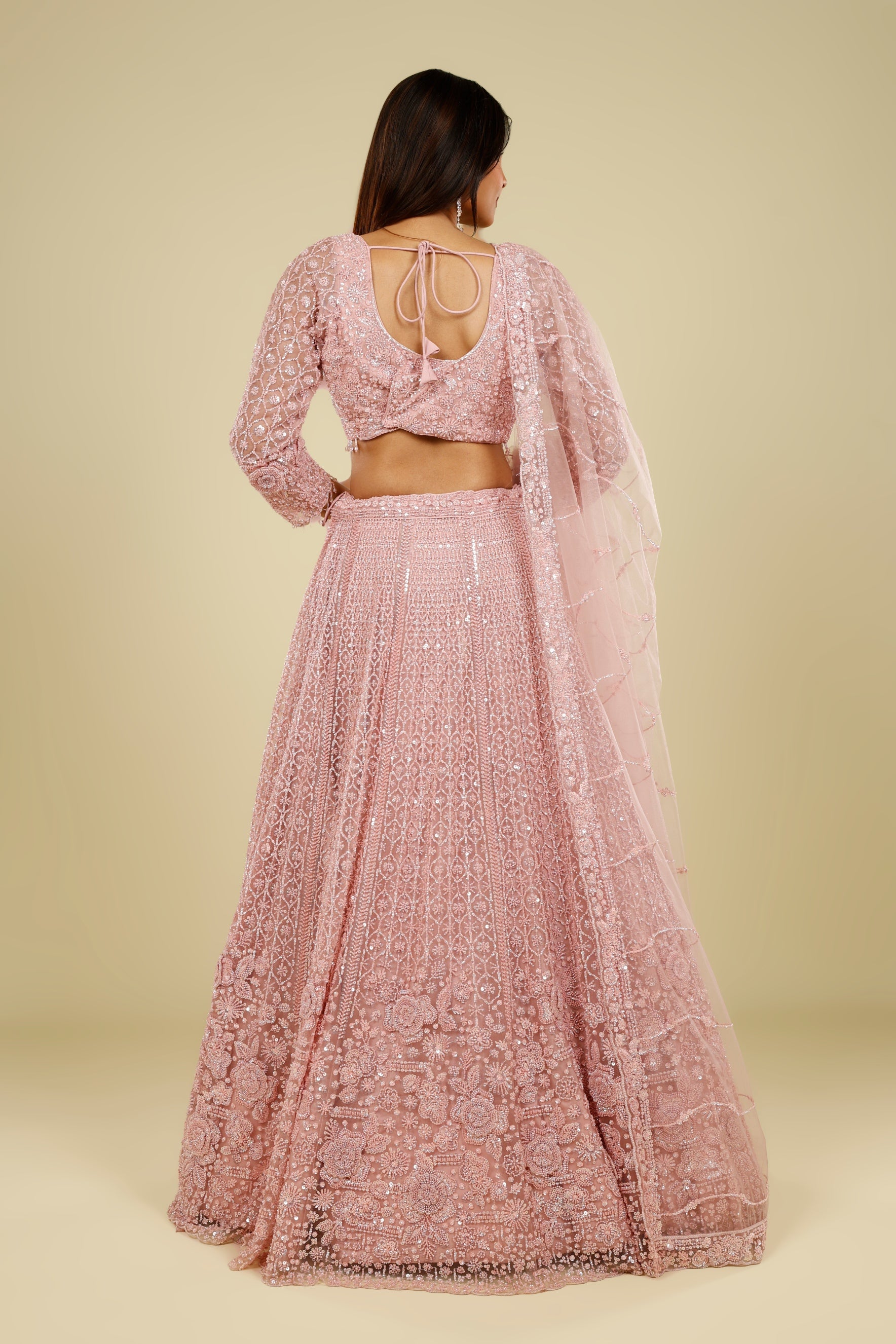Blush Pink Net Lehenga Set with Pearl, Sequin & Cutdana Embroidery