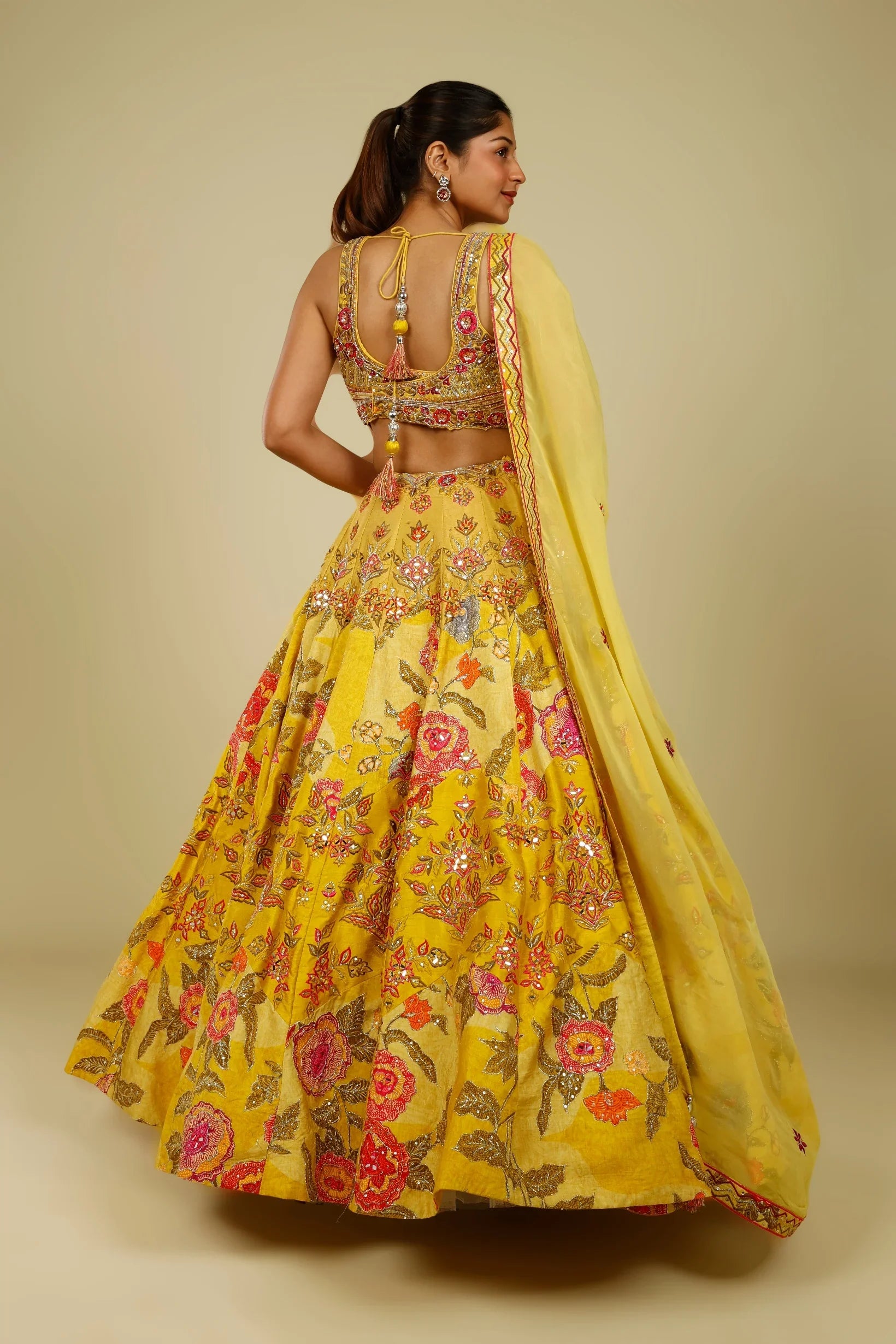 Yellow Silk Printed Lehenga Set with Thread, Mirror & Zari Embroidery | Mokshaa