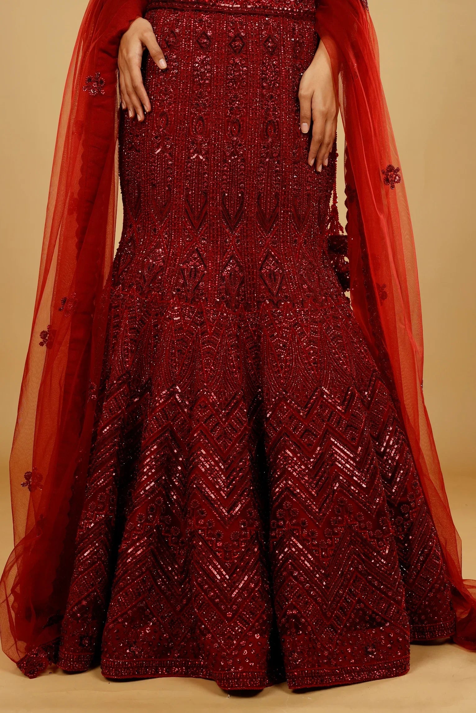 Maroon Hand-Embroidered Mermaid Lehenga Set - Mokshaa