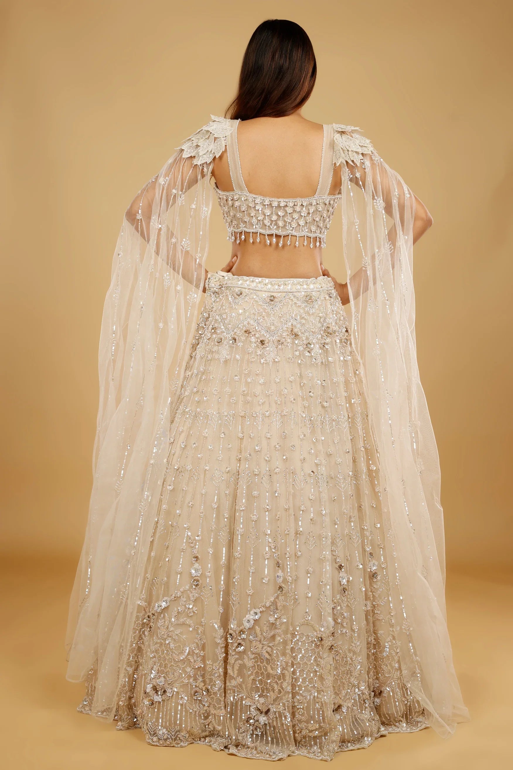 Beige Gold Net Lehenga Set with Sequin, Cutdana & Stone Embroidery