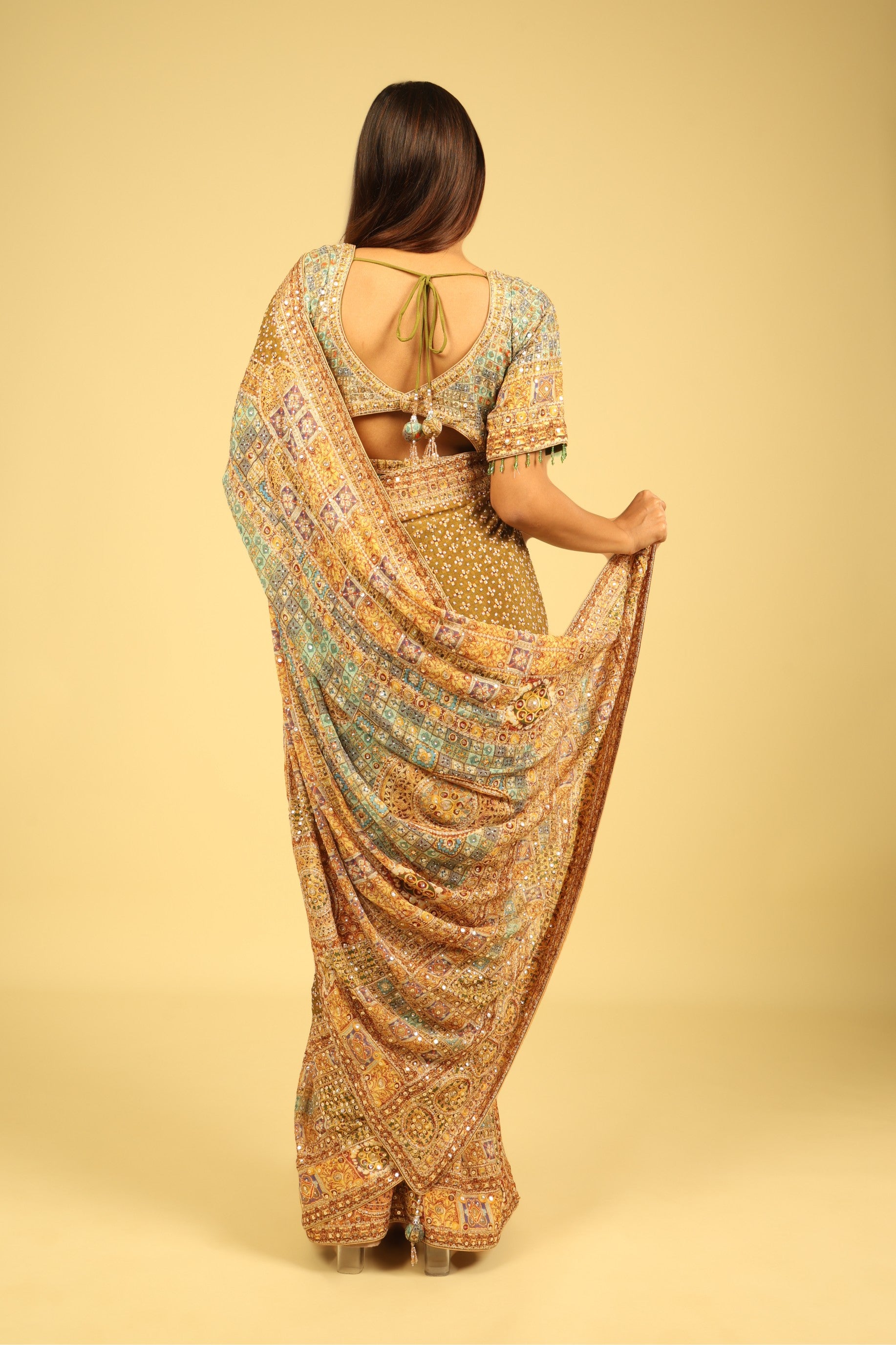 Dusty Green Soft Georgette Saree with Multicolour Digital Print, Sequin & Mirror Highlights