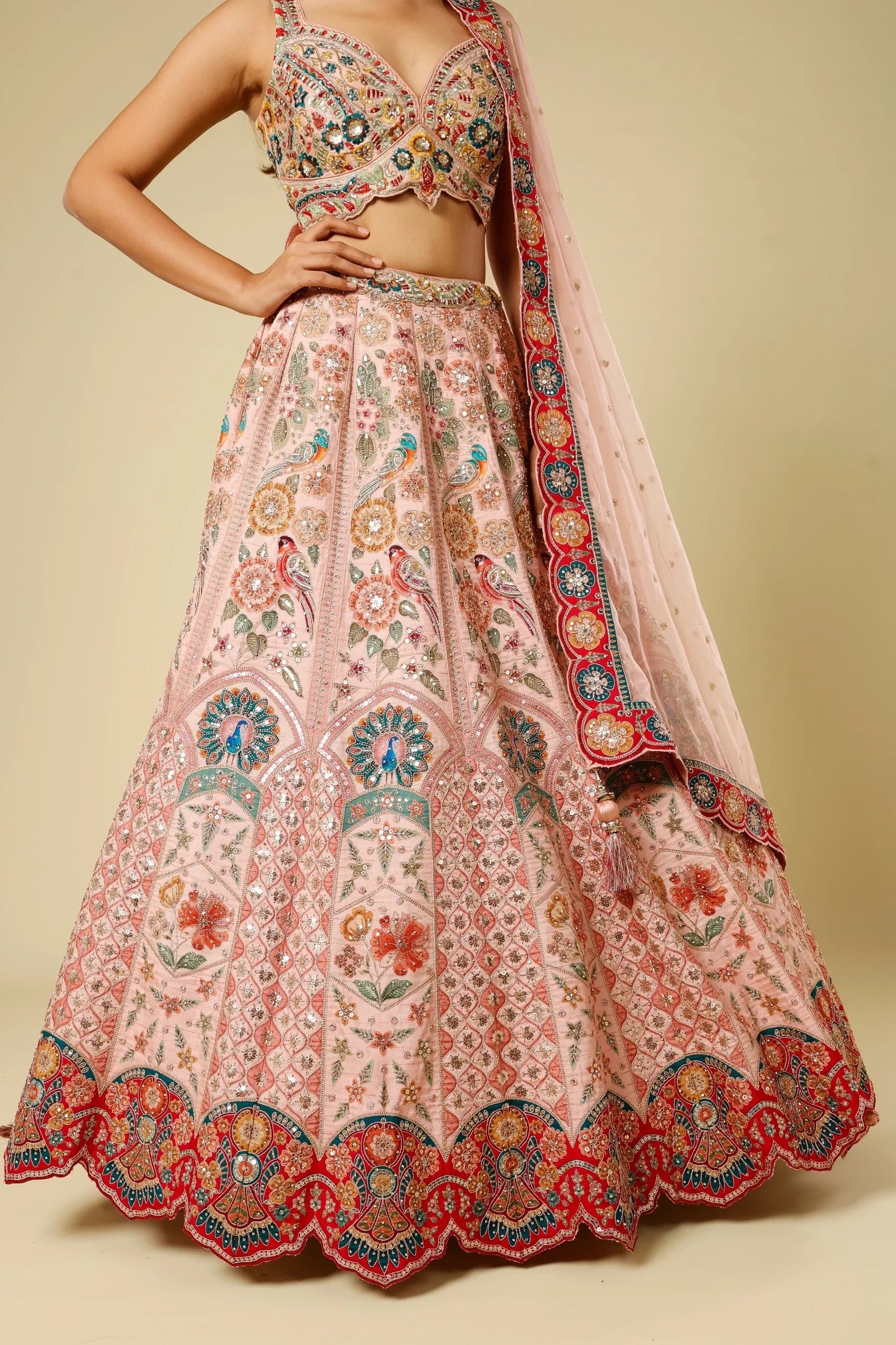 Blush Pink Silk Lehenga Set with Zari, Sequin & Stone Embroidery