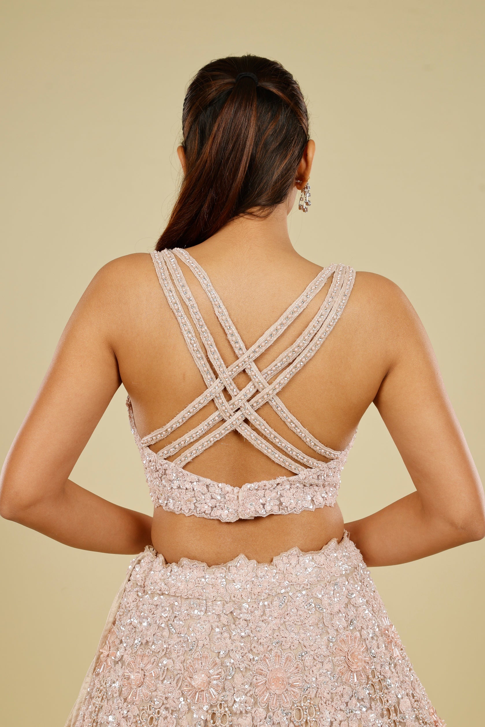 Blush Pink Net Cutwork Lehenga Set with Sequin, Stone & Pearl Embroidery