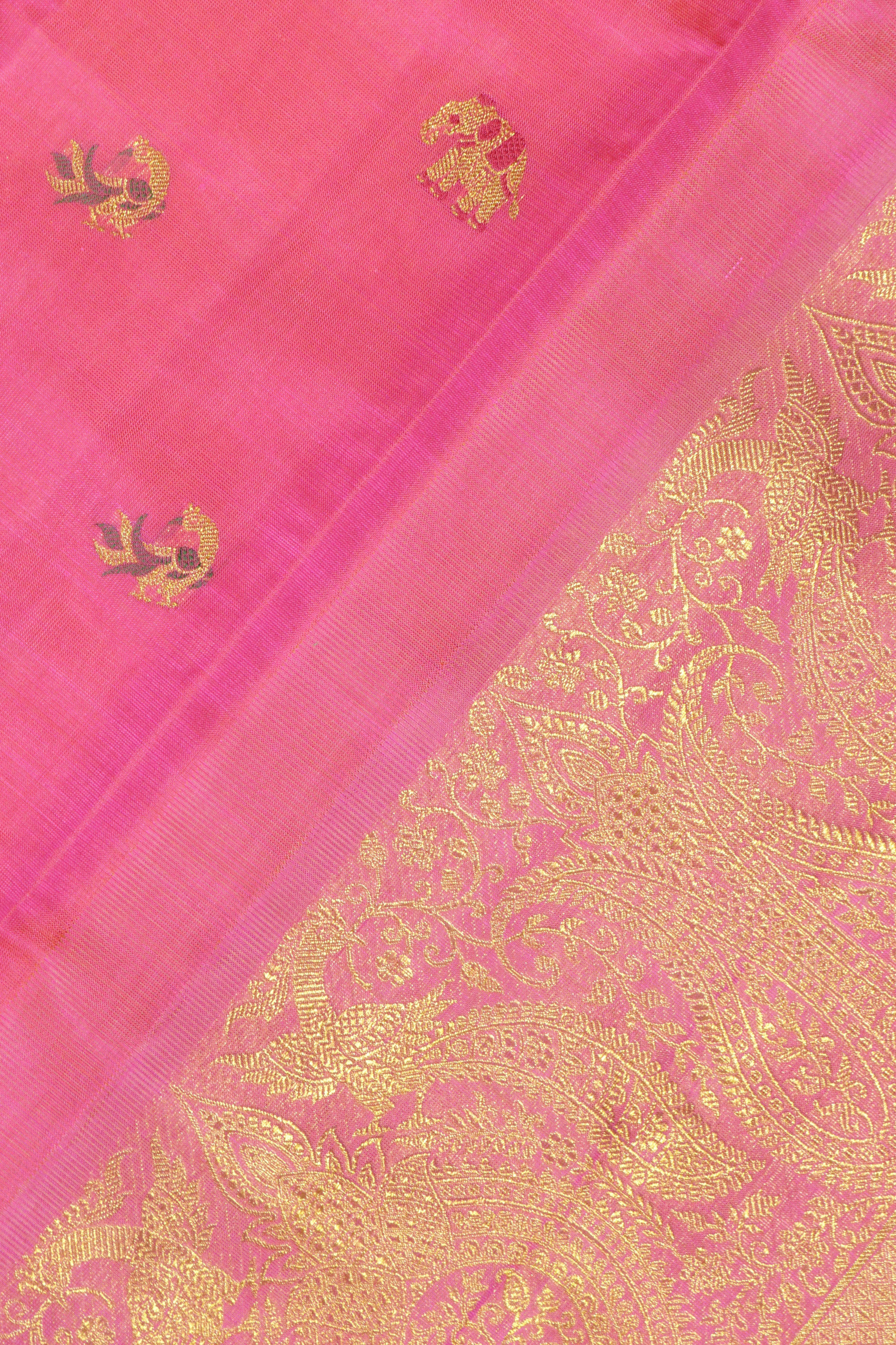 Shaded Pink Kanchipuram Silk Saree with Peacock & Elephant Motifs and Fancy Border