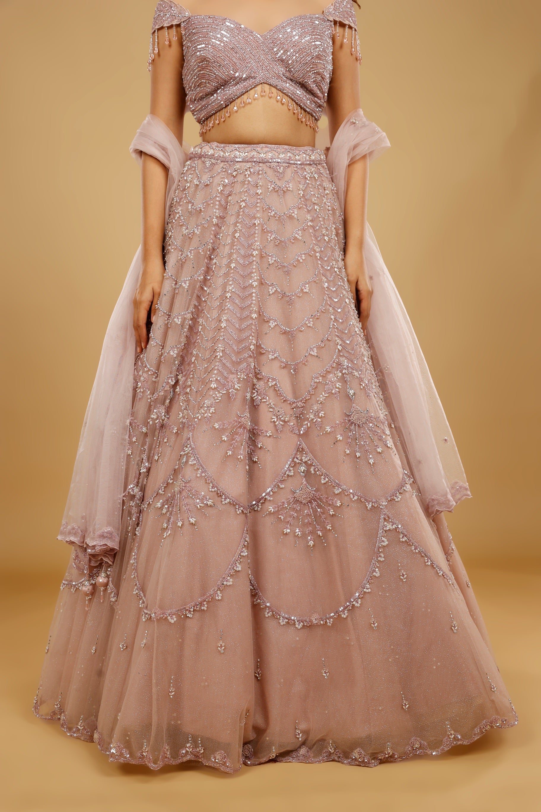 Mauve Net Lehenga Set with Sequin, Pearl & Cutdana Embroidery