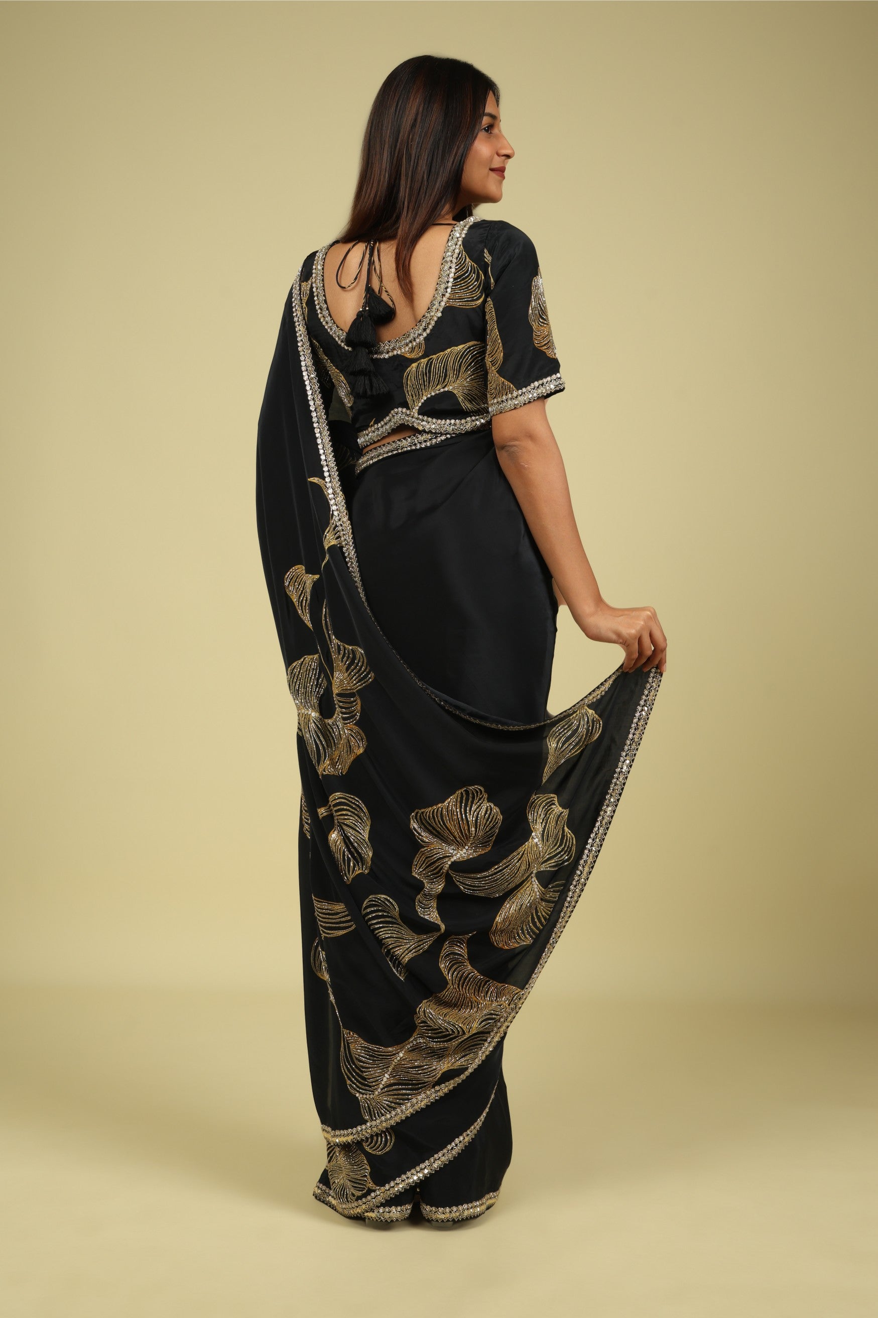 Black Satin Saree with Kardana & Sequin Fancy Work