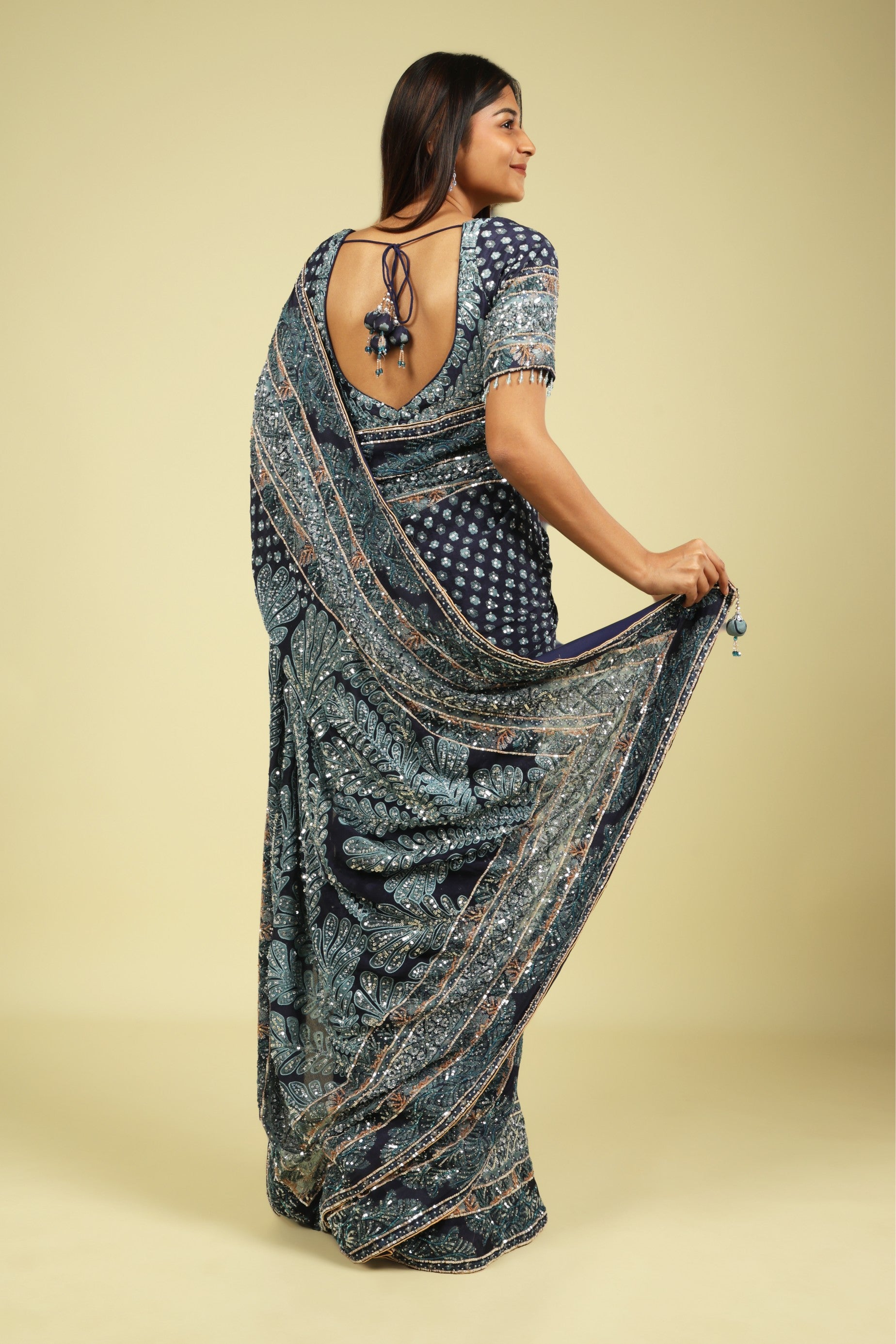 Dark Blue Soft Georgette Saree with All-Over Fancy Sequin Highlights